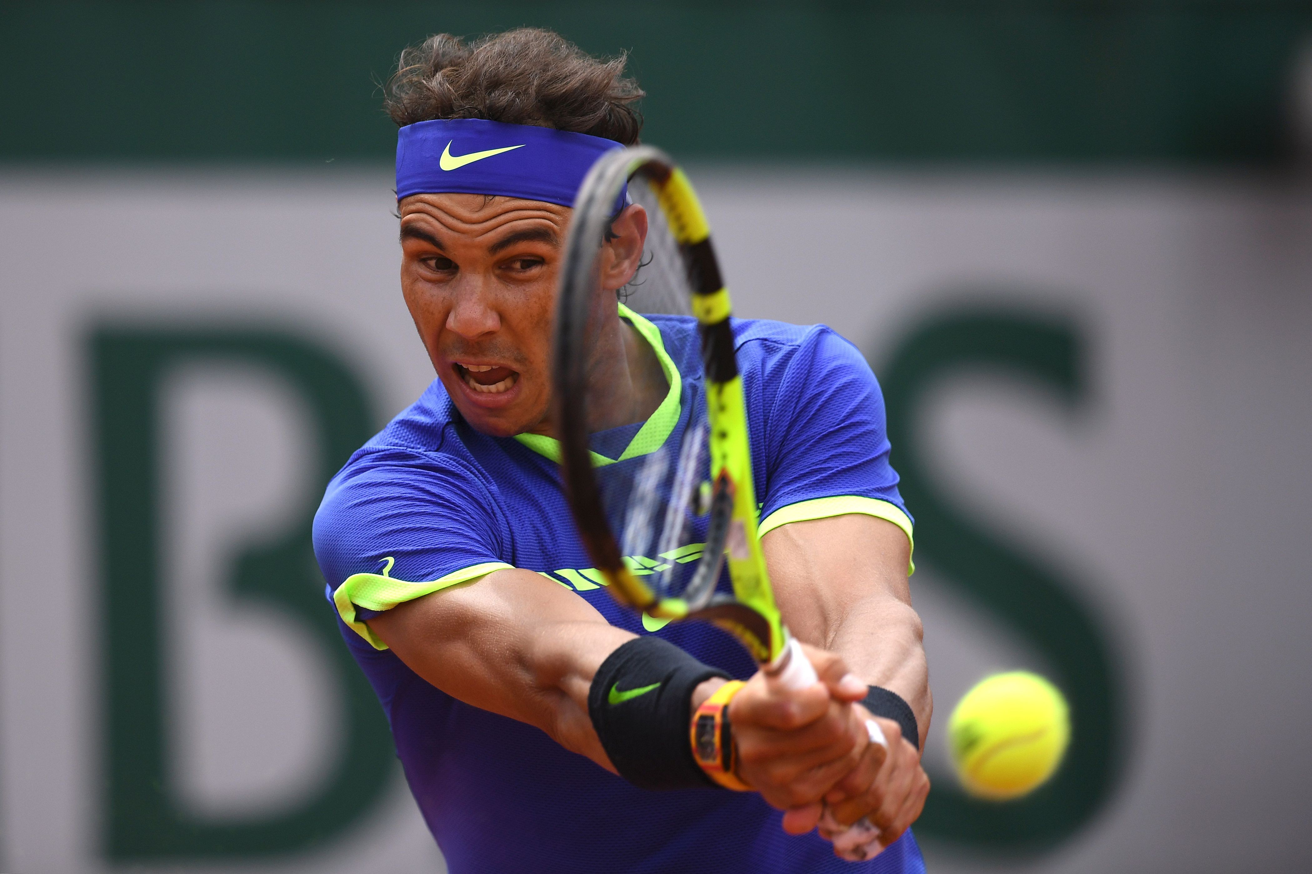 Rafael Nadal returns during his straight-sets win over Roberto Bautista Agut at the French Open. Photo: AFP