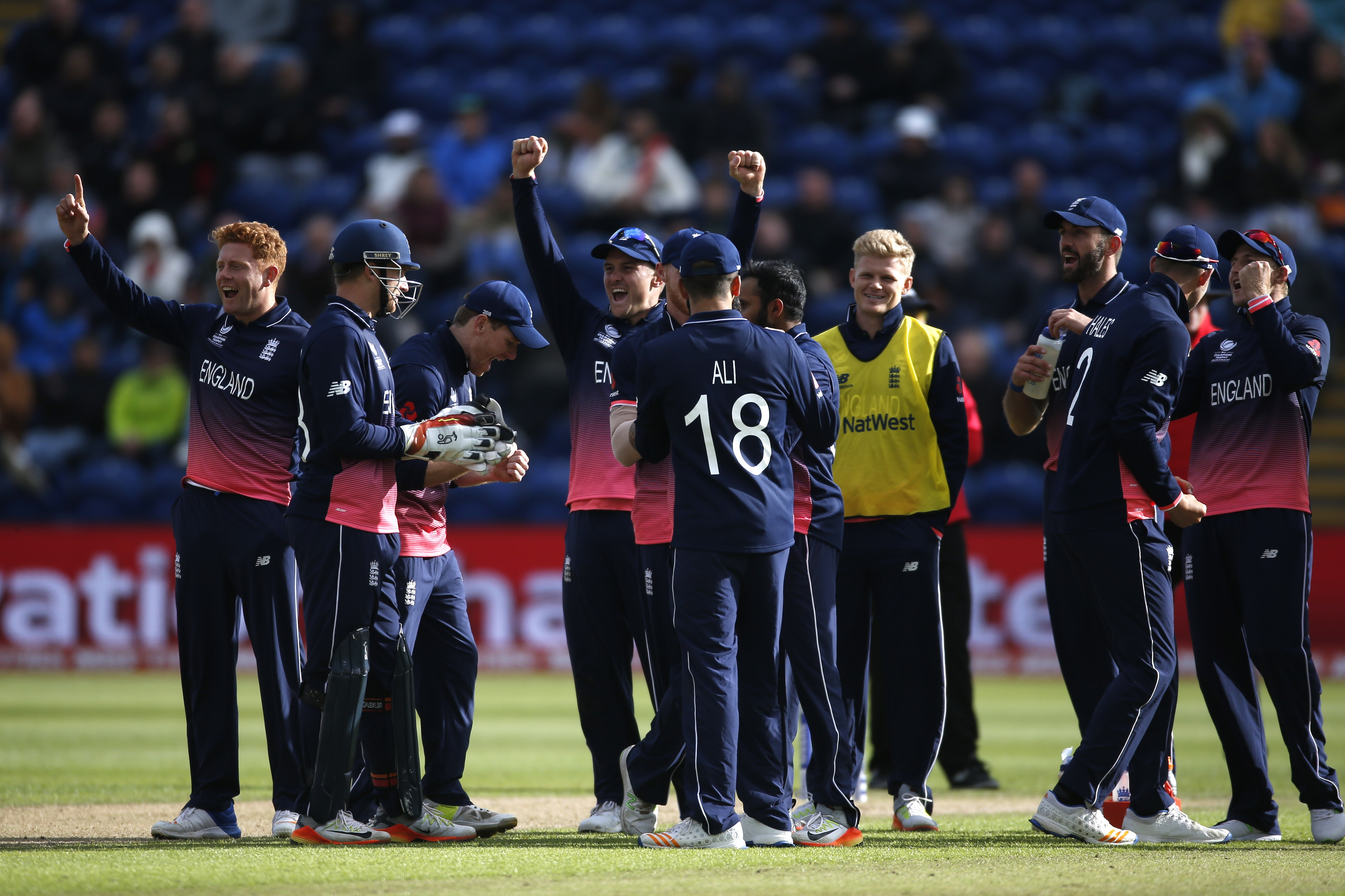 England celebrate the wicket of New Zealand’s Neil Broom during their Champions Trophy victory. Photo: Reuters