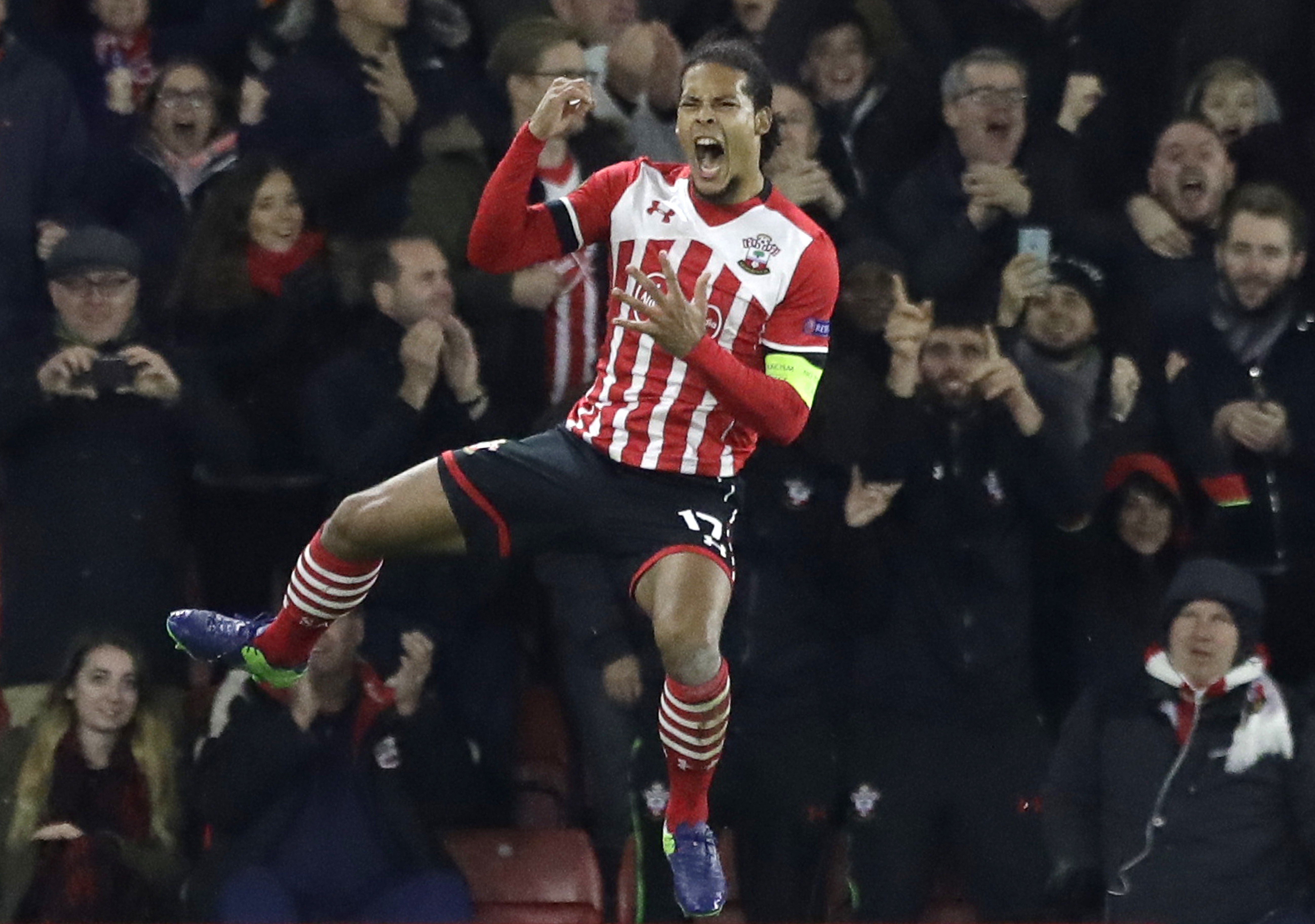 Southampton's Virgil van Dijk celebrates scoring during the Europa League group stage match against Internazionale. Photo: AP