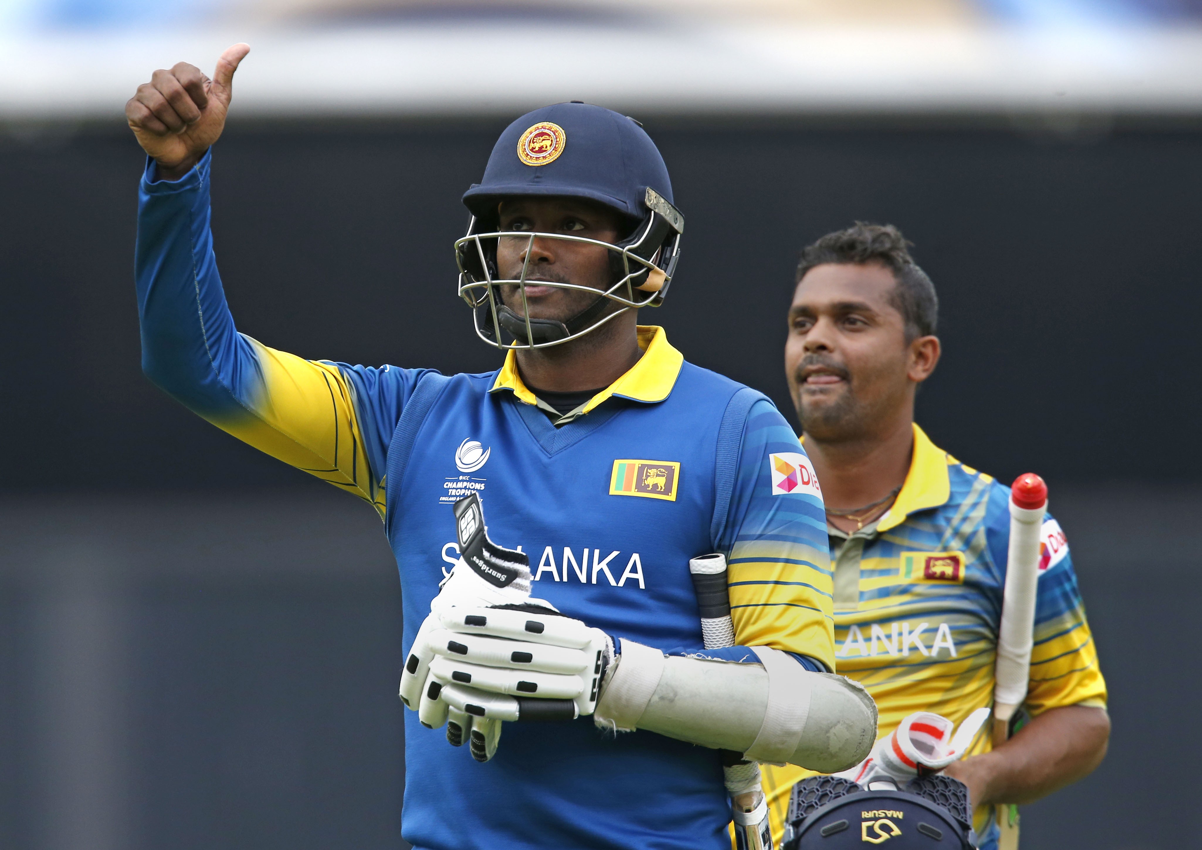 Sri Lanka’s captain Angelo Mathews paid tribute to Sangakkara after the shock win over India. Photo: AFP