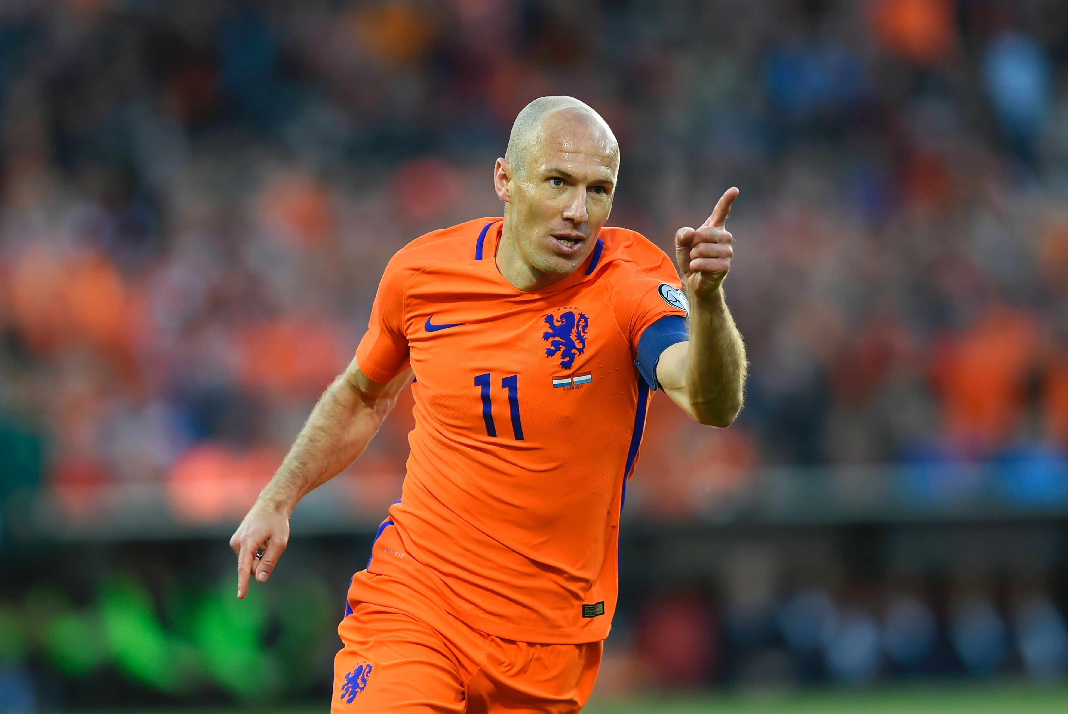 Arjen Robben celebrates after scoring for the Netherlands against Luxembourg. Photo: AFP