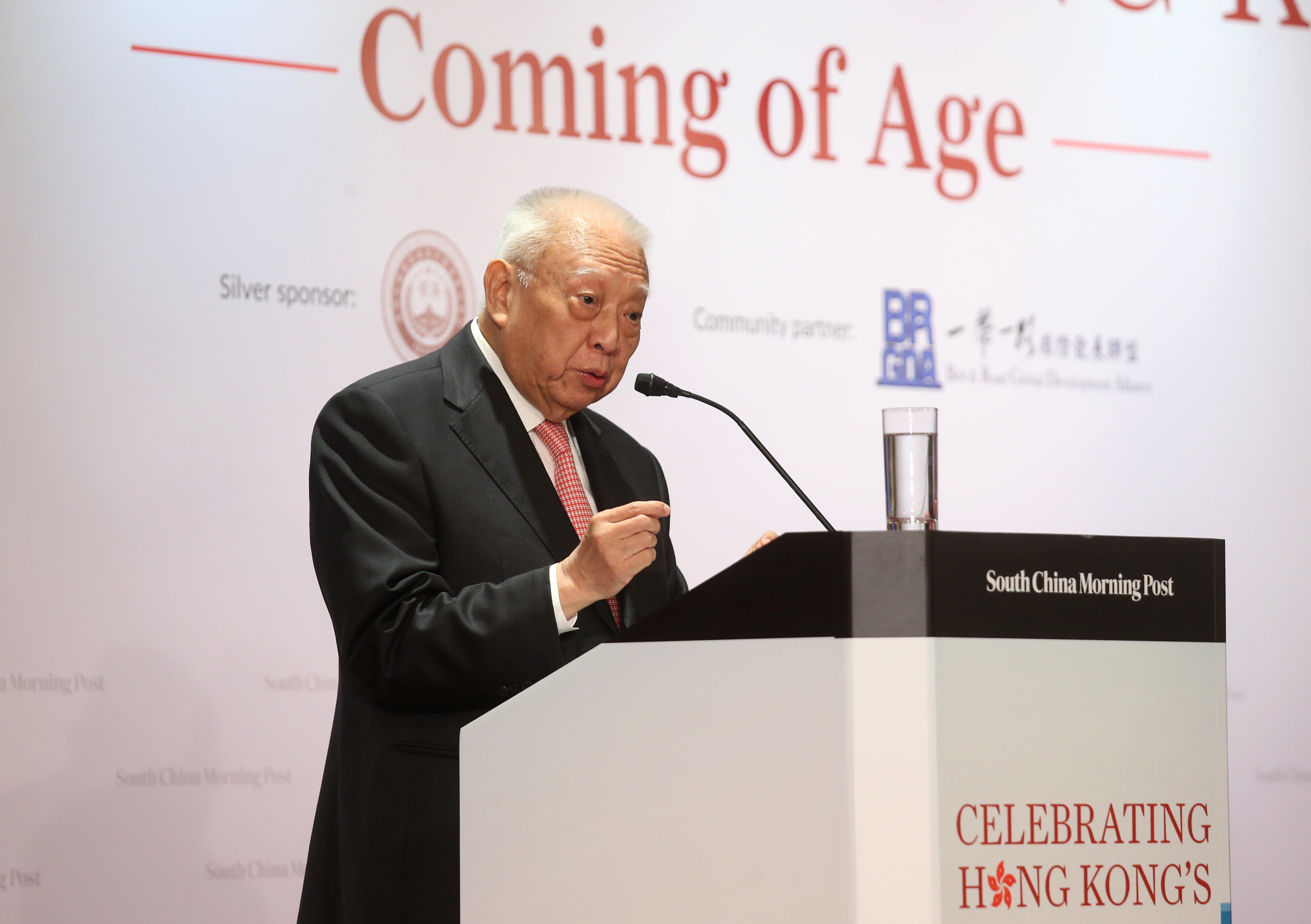 Tung Chee-hwa, Vice Chairman of the 12th National Committee of the Chinese People’s Political Consultative Conference, People’s Republic of China, gives a speech at the SCMP’s Celebrating Hong Kong’s Coming of Age conference in Admiralty. Photo: K. Y. Cheng