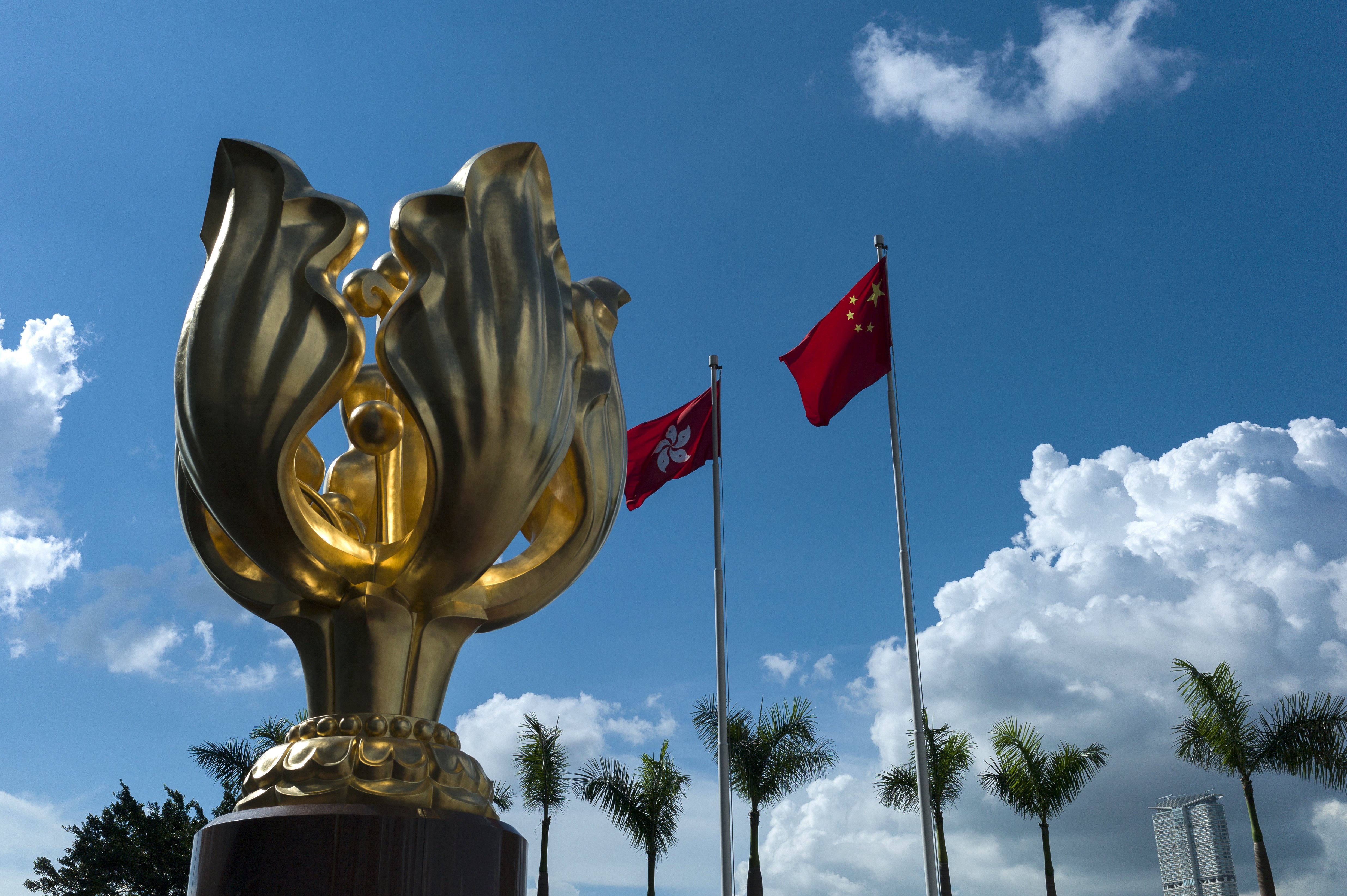 The flags of Hong Kong and China fly next to the Golden Bauhinia statue at the Convention and Exhibition Centre in Wan Chai. Hong Kong’s new government would be well advised to focus on the different projects involved in the belt and road plan. Photo: EPA