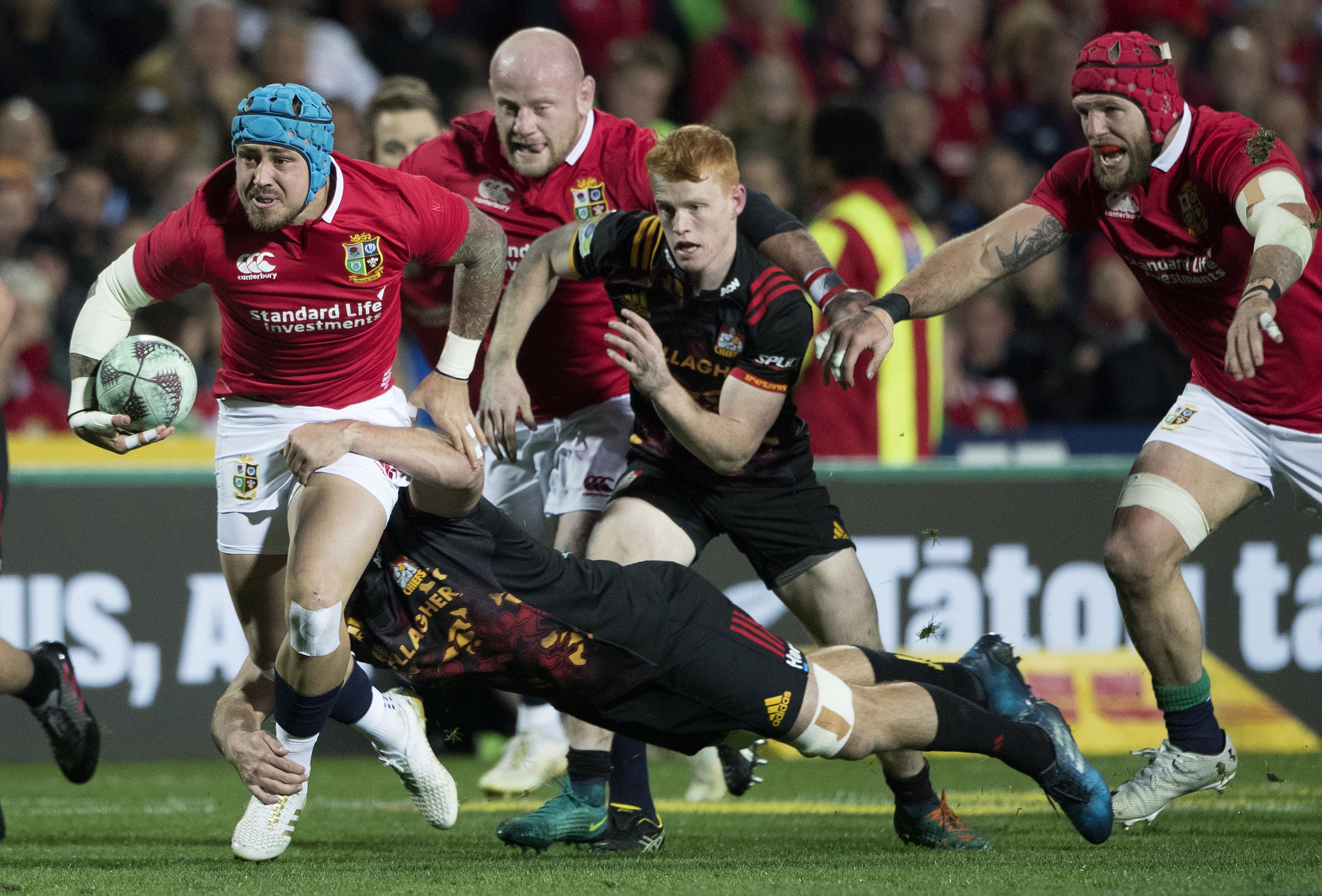 British & Irish Lions winger Jack Nowell (left) makes a break during their game against the Chiefs at Waikato Stadium in Hamilton, New Zealand. Photo: AP