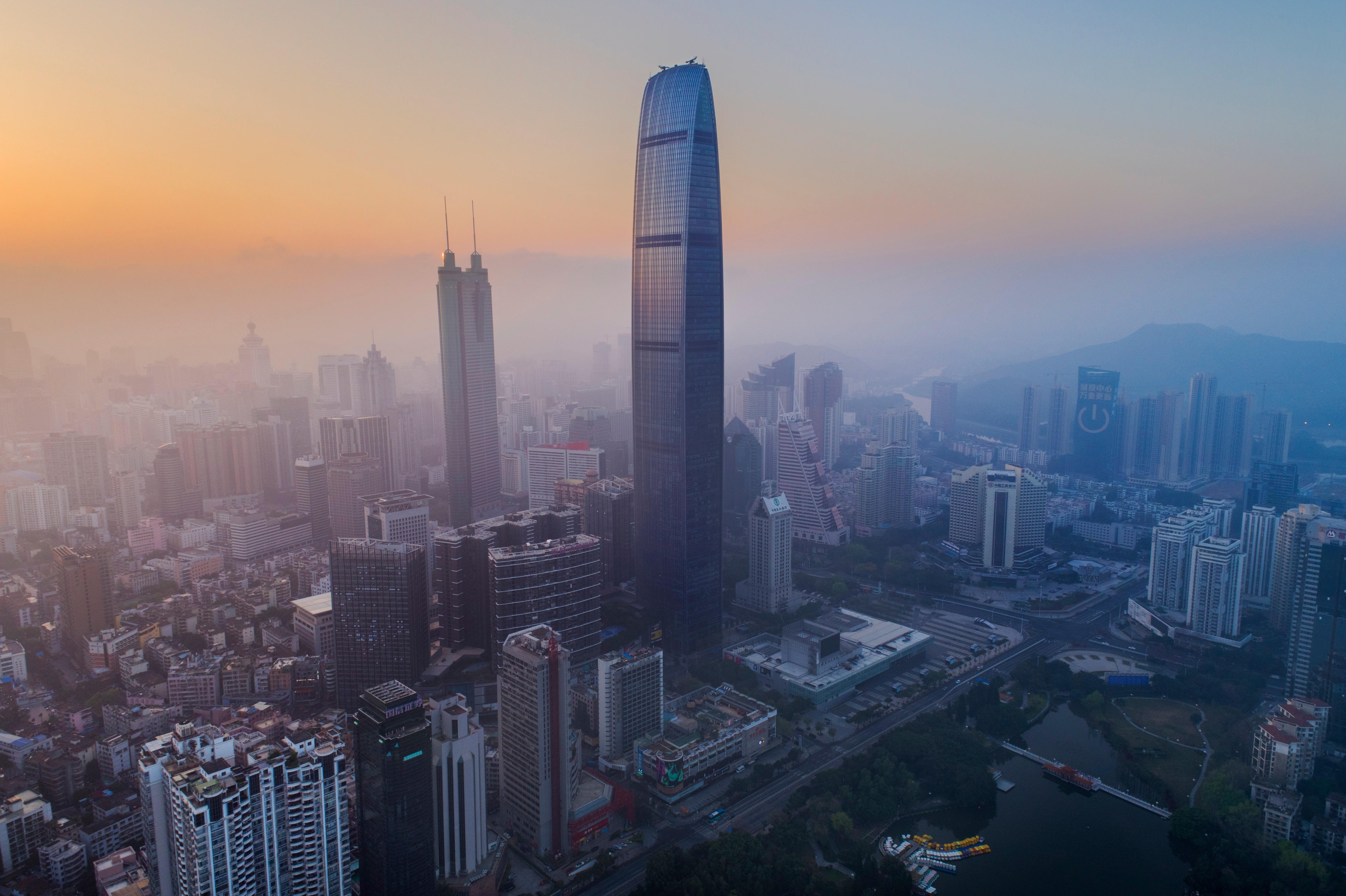 The Kingkey 100, a 100-storey skyscraper and the world’s 14th tallest building, stands against at sunrise in Shenzhen, China. Photo: Handout
