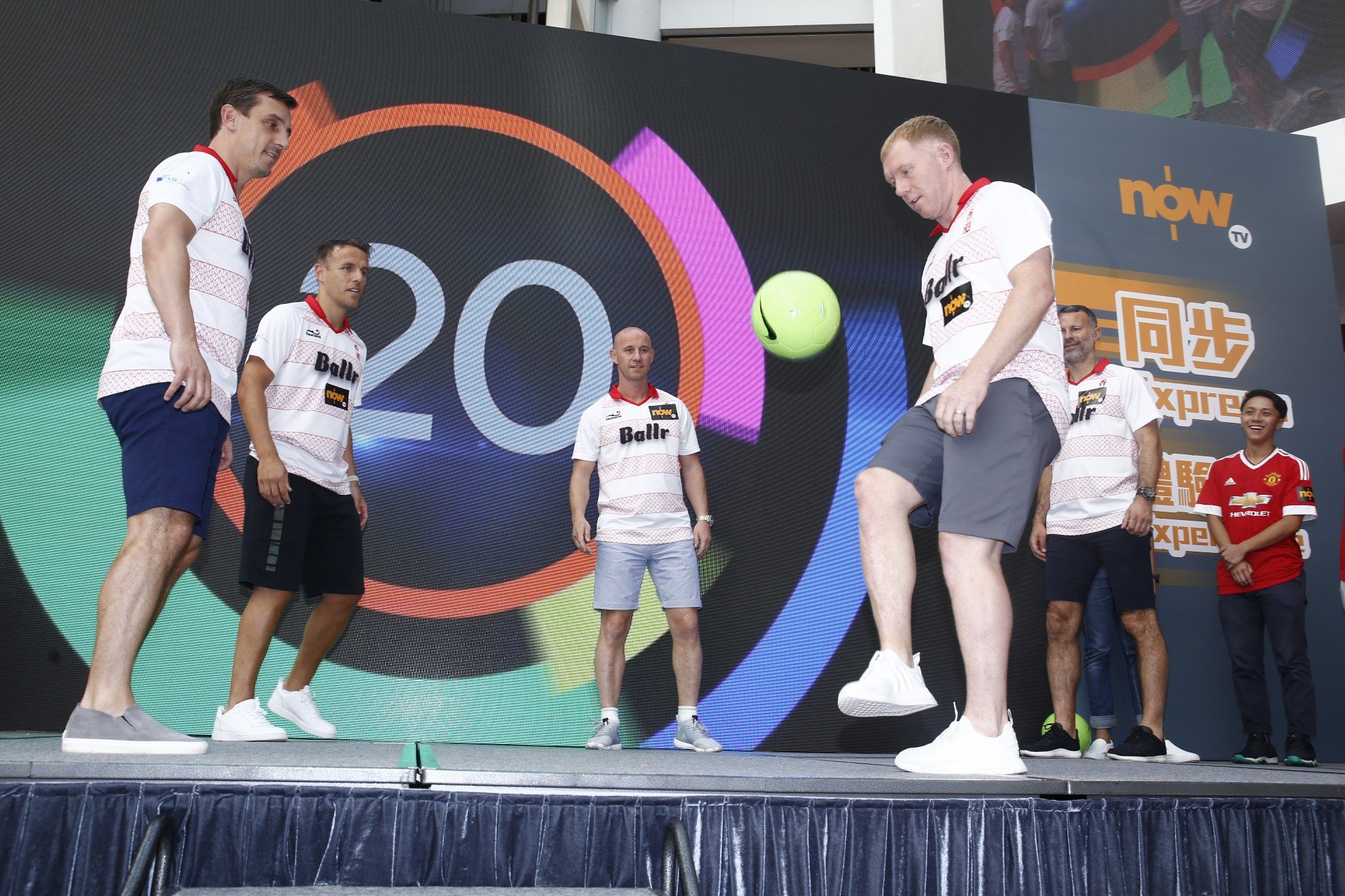 The Class of ’92 – Gary Neville, Phil Neville, Nicky Butt, Paul Scholes and Ryan Giggs – take part in a game of keepy-uppies at a promotional event at Olympian City 2 for Now TV and the new “Ballr” interactive football app. Photo: Now TV