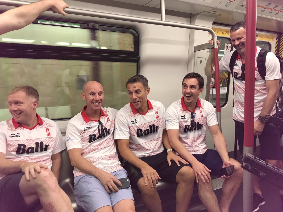 Paul Scholes, Nicky Butt, Phil Neville, Gary Neville and Ryan Giggs, the 'Class of 92', ride the MTR in Hong Kong. Photo: Andy Mitten / Twitter