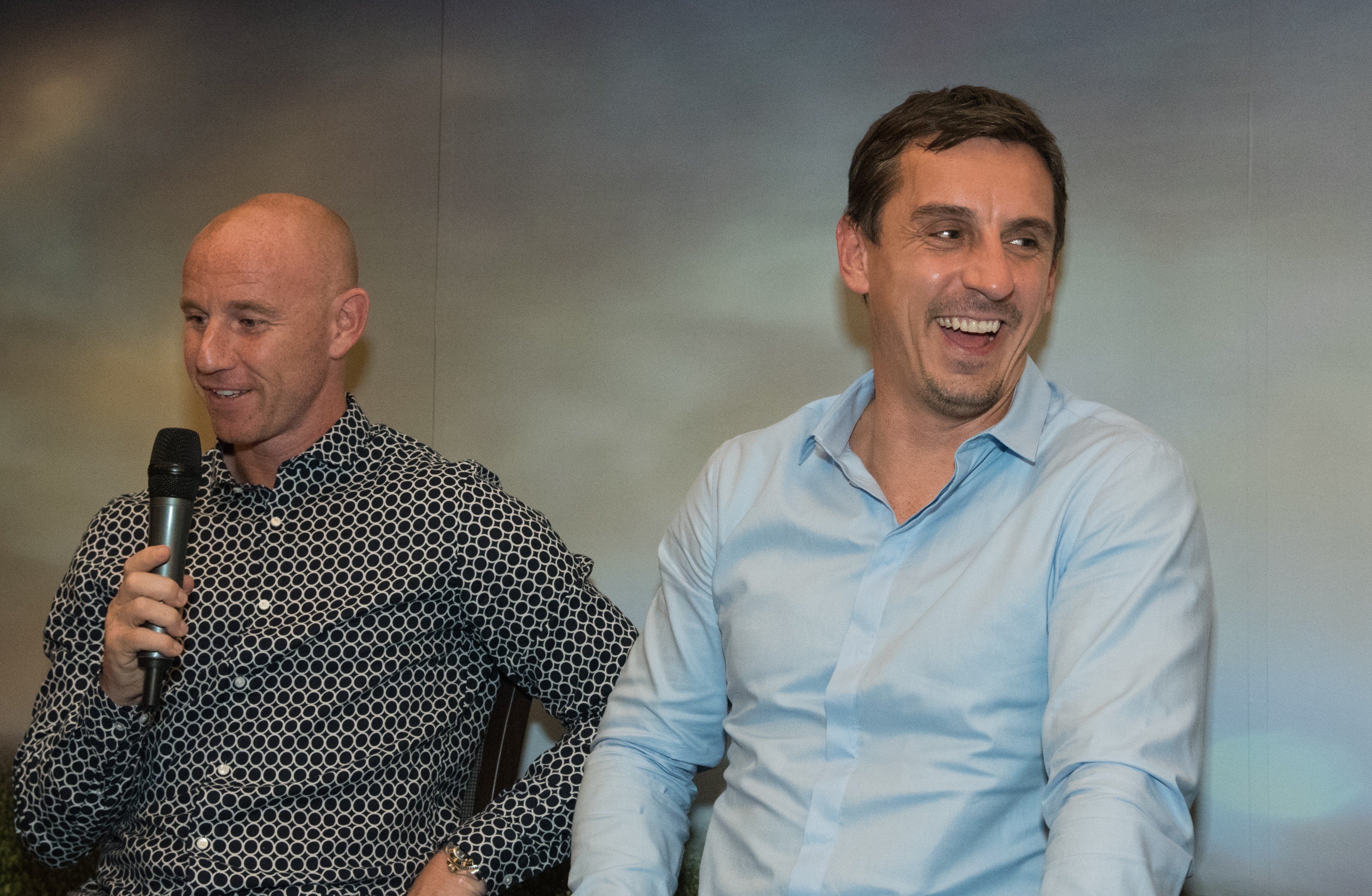 Nicky Butt and Gary Neville talk at the app’s lauch. Photo: Ballr