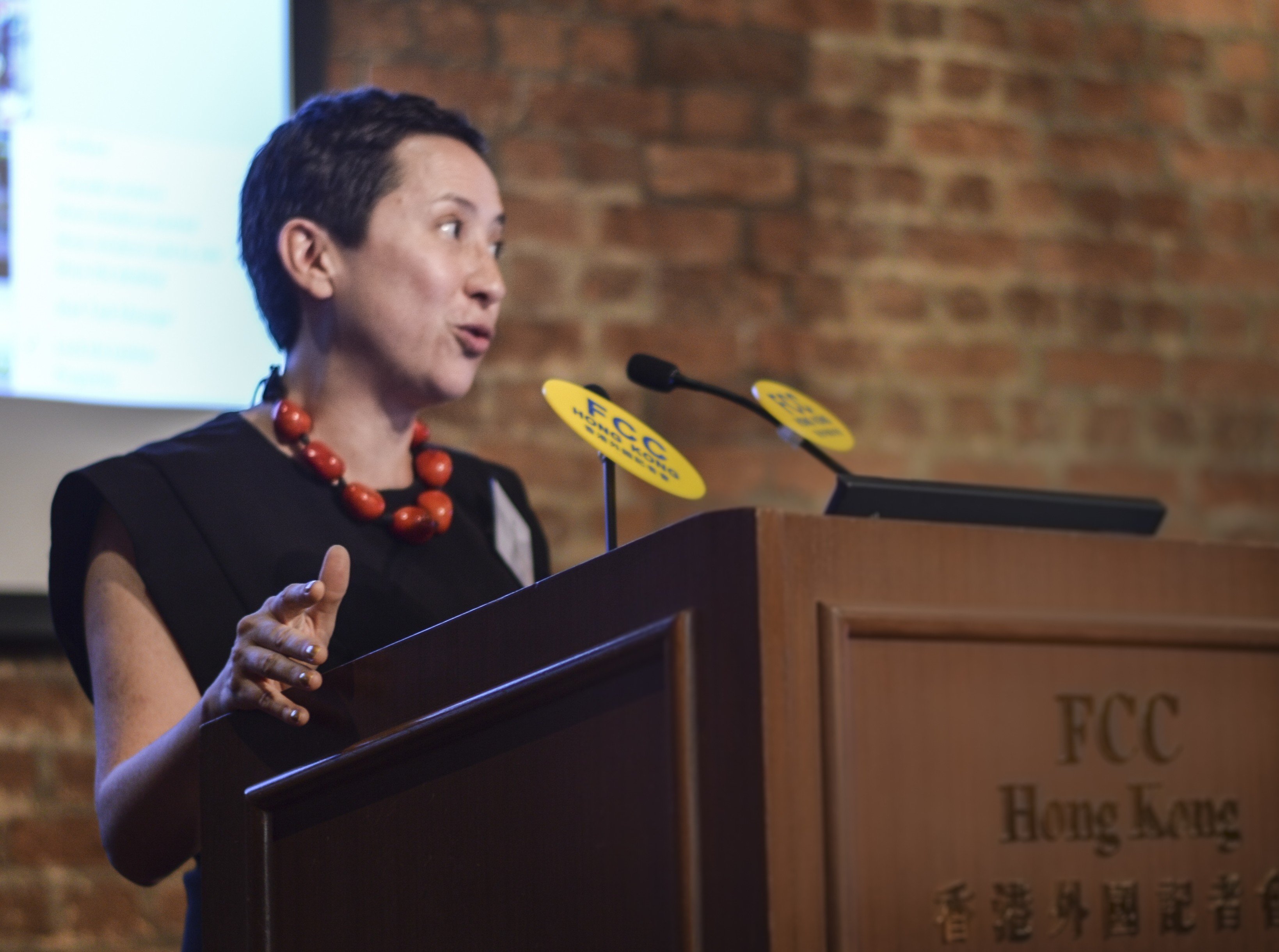 Louisa Lim reading her contribution to Hong Kong 20/20. Photo: FCCHK