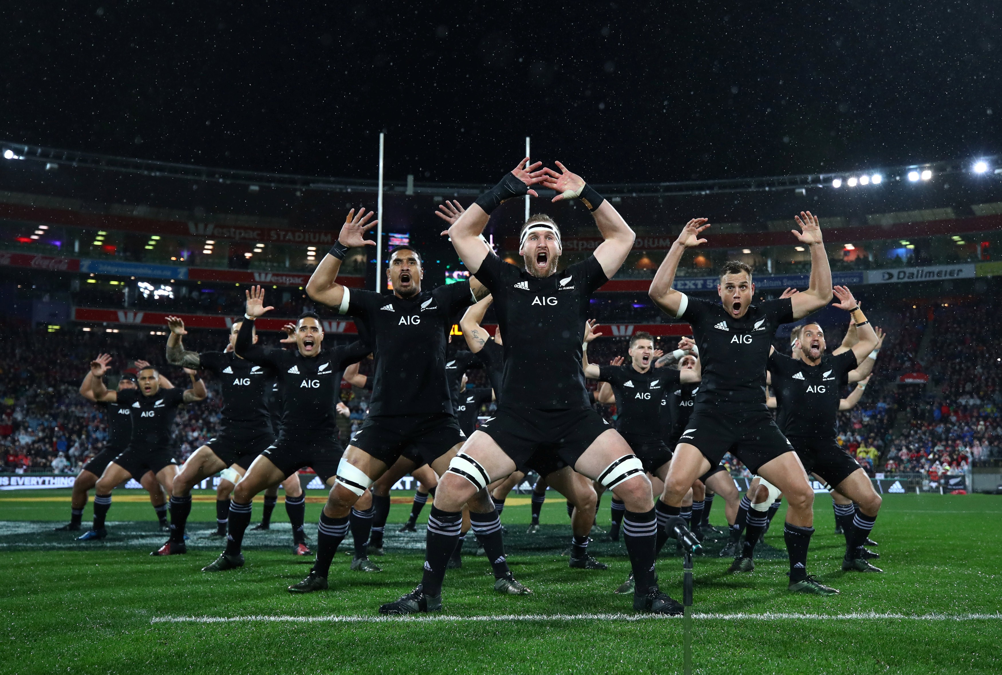 The New Zealand All Blacks perform the Haka before their game against the British & Irish Lions. Photo: Reuters