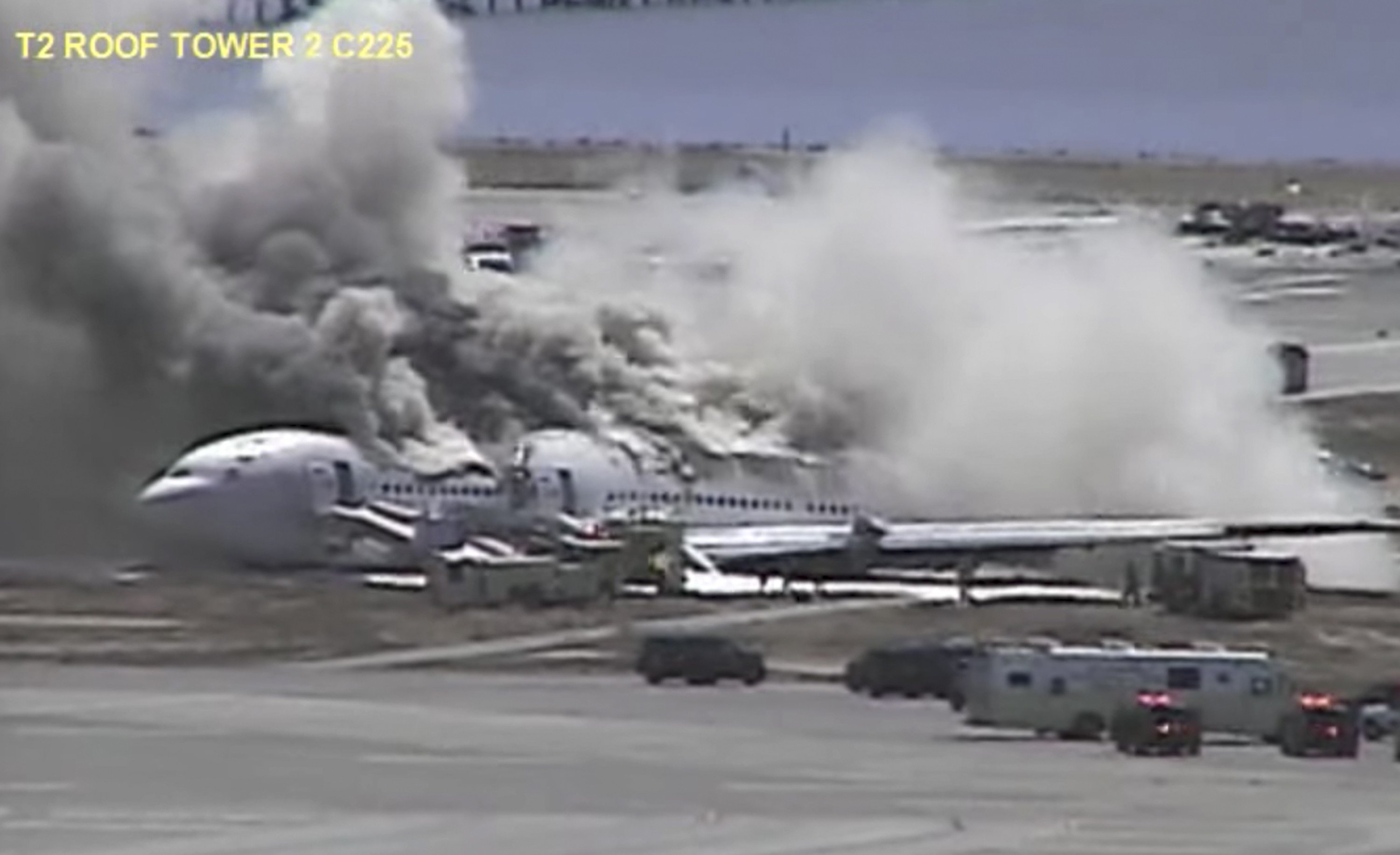 This July 6, 2013, image made from a leaked San Francisco International Airport video shows Asiana flight 214 after it crashed at the airport in San Francisco. Photo: AP / YouTube