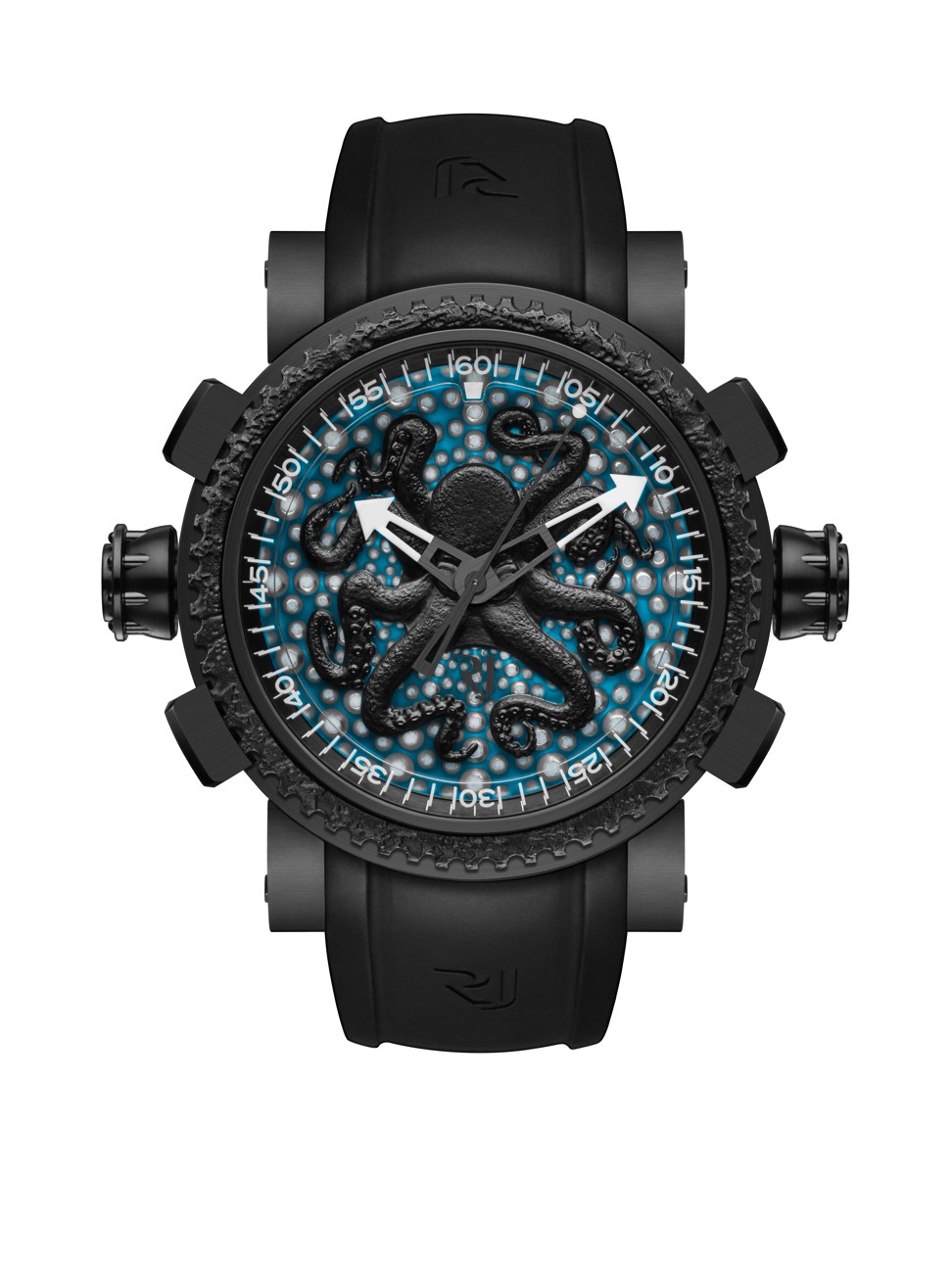 ROMAIN JEROME. The new Deep Blue Octopus incorporates all characteristics and aesthetical features of the animal. The dial features a sea urchin skeleton structure. The black PVD-coated steel notched bezel contains steel from the Titanic. Only 25 pieces are available, HK$172,500