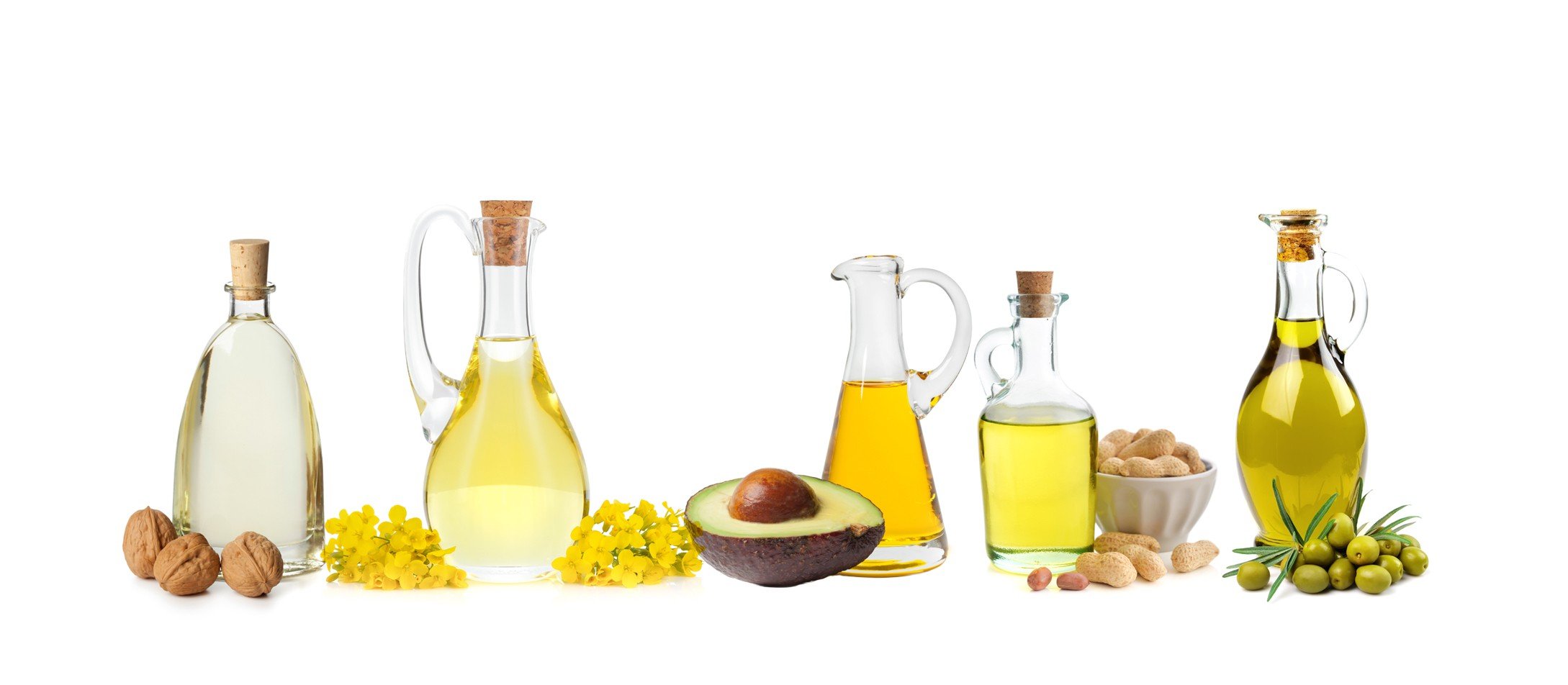 Cooking oils such as (from left) walnut, canola, avocado, peanut and olive contain all kinds of beneficial essential vitamins and acids. Photo: Alamy