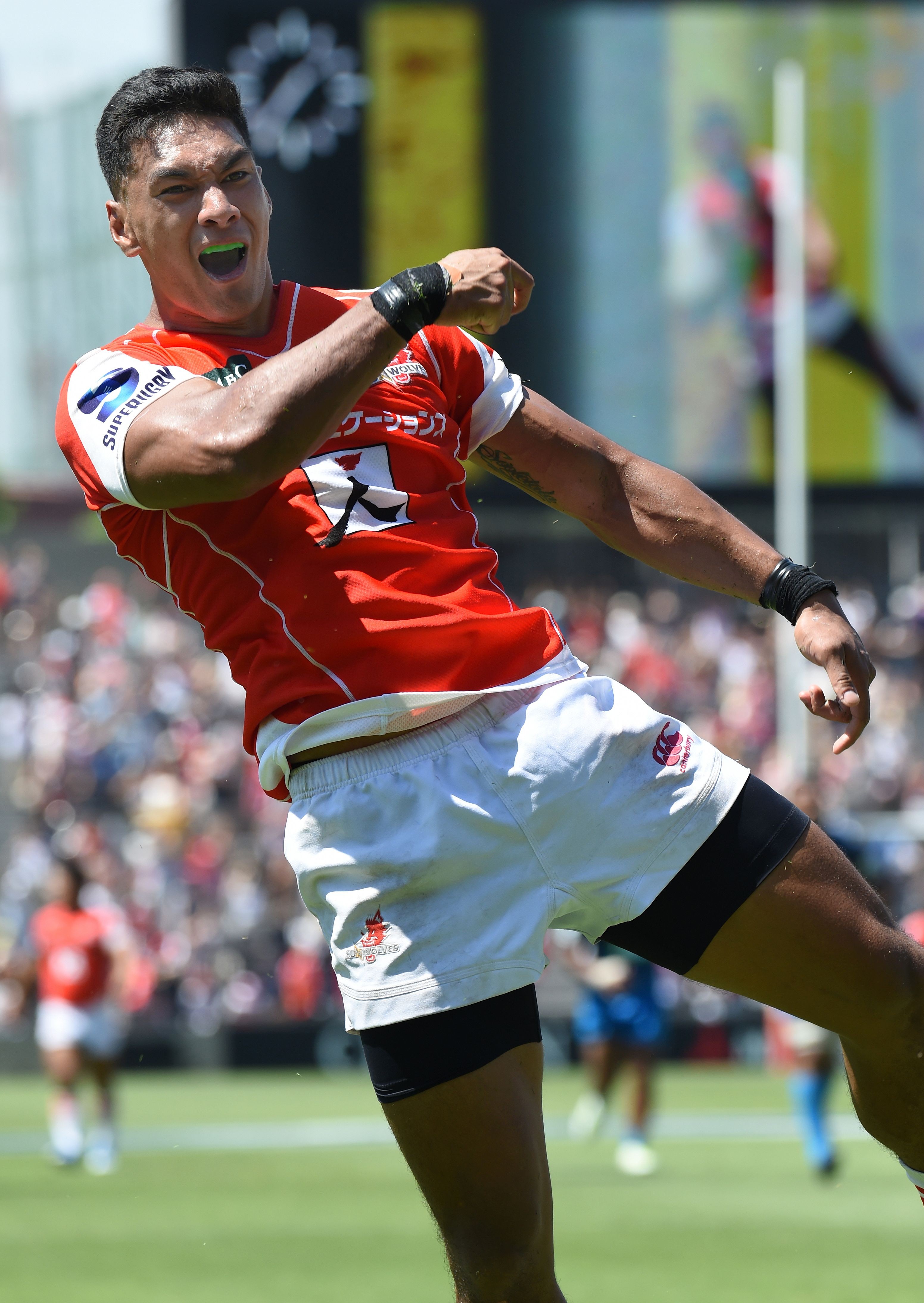 Timothy Lafaele of the Sunwolves reacts after scoring a try against the Blues. Photo: AFP