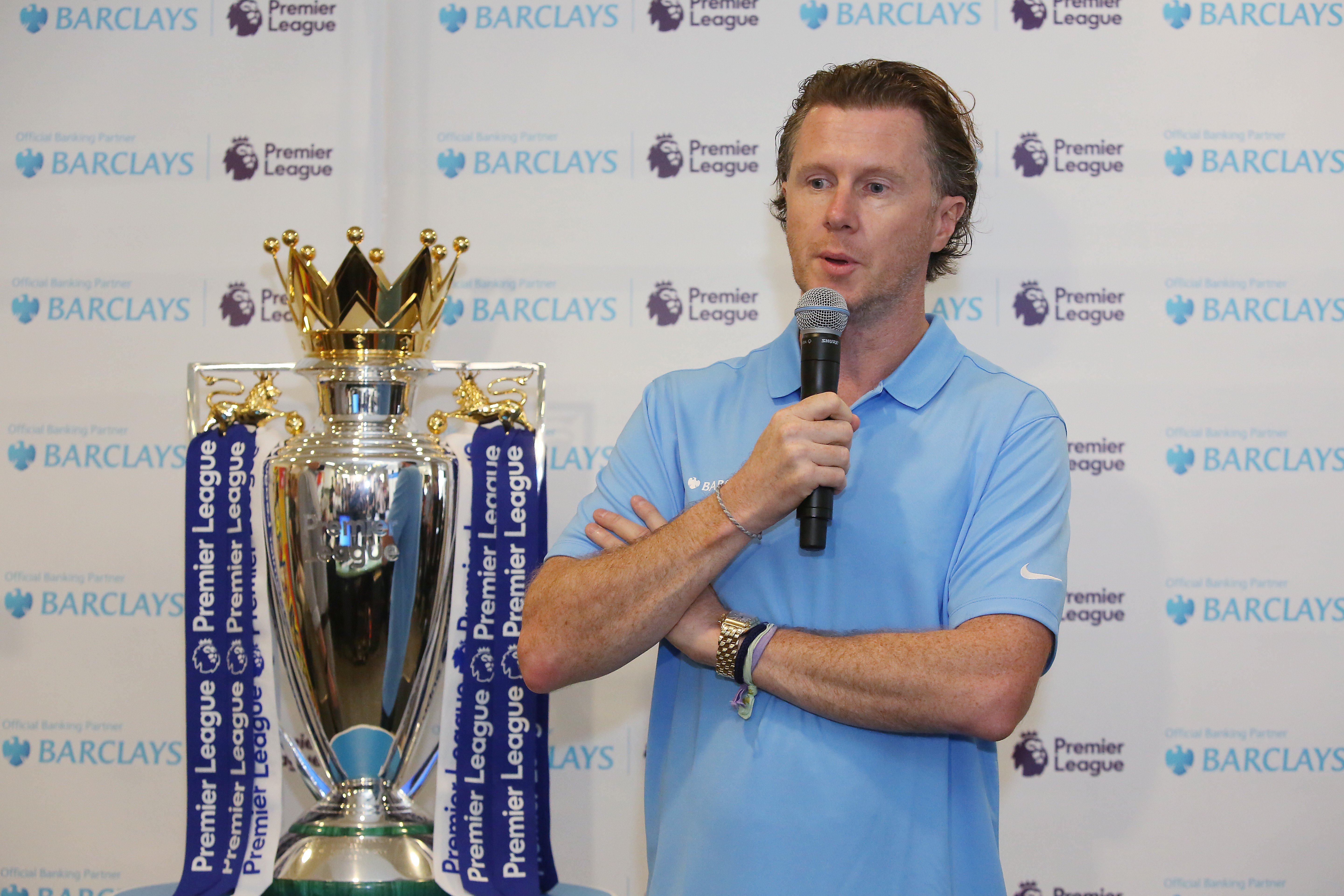 Steve McManaman with the Premier League trophy at a function with Barclays at the South China Morning Post offices in Causeway Bay. Photo: Edmond So