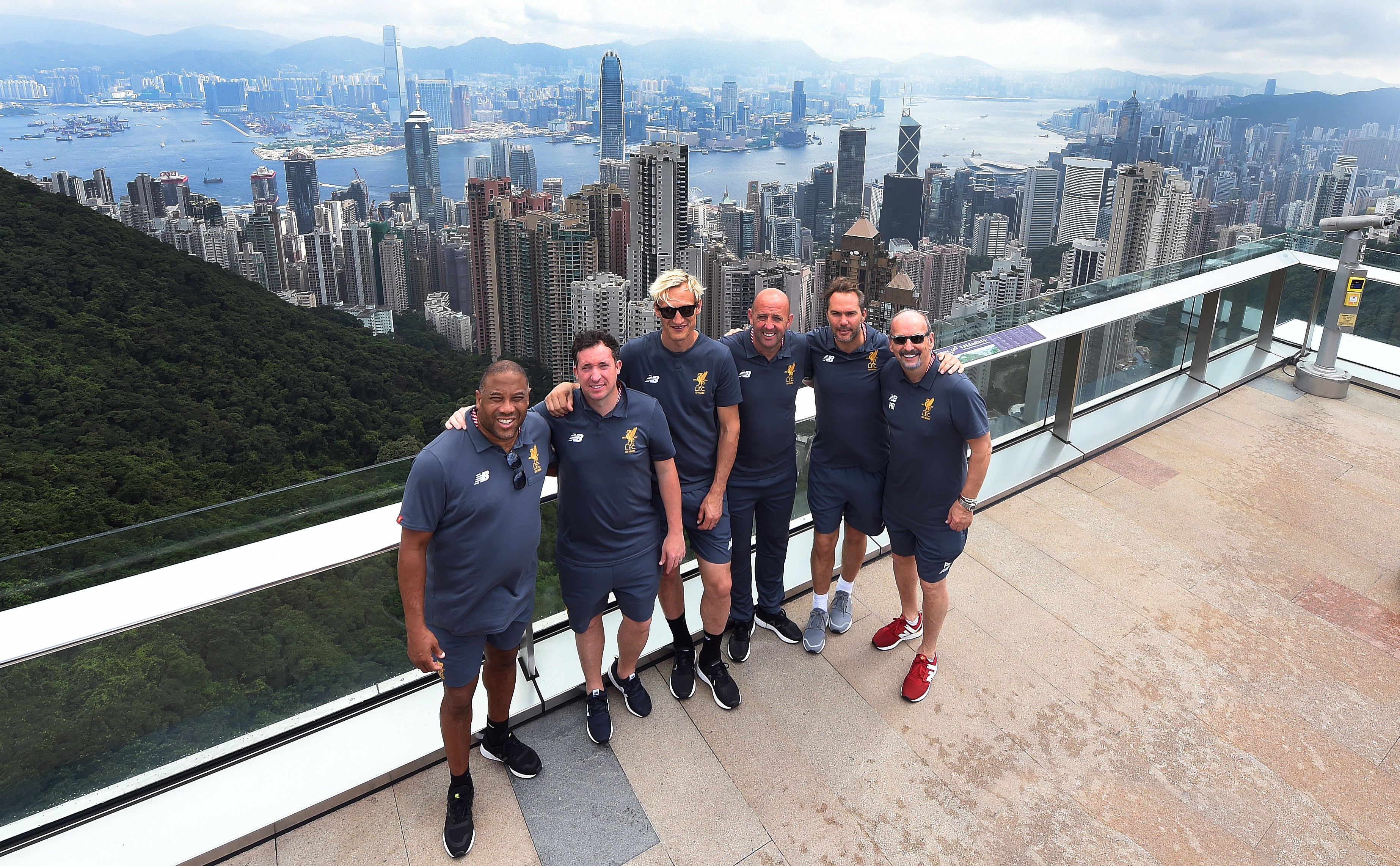 From left to right: Liverpool legends John Barnes, Robbie Fowler, Sami Hyypia, Gary McAllister, Jason McAteer and chief executive Peter Moore on top of the Peak. Photo: Handout