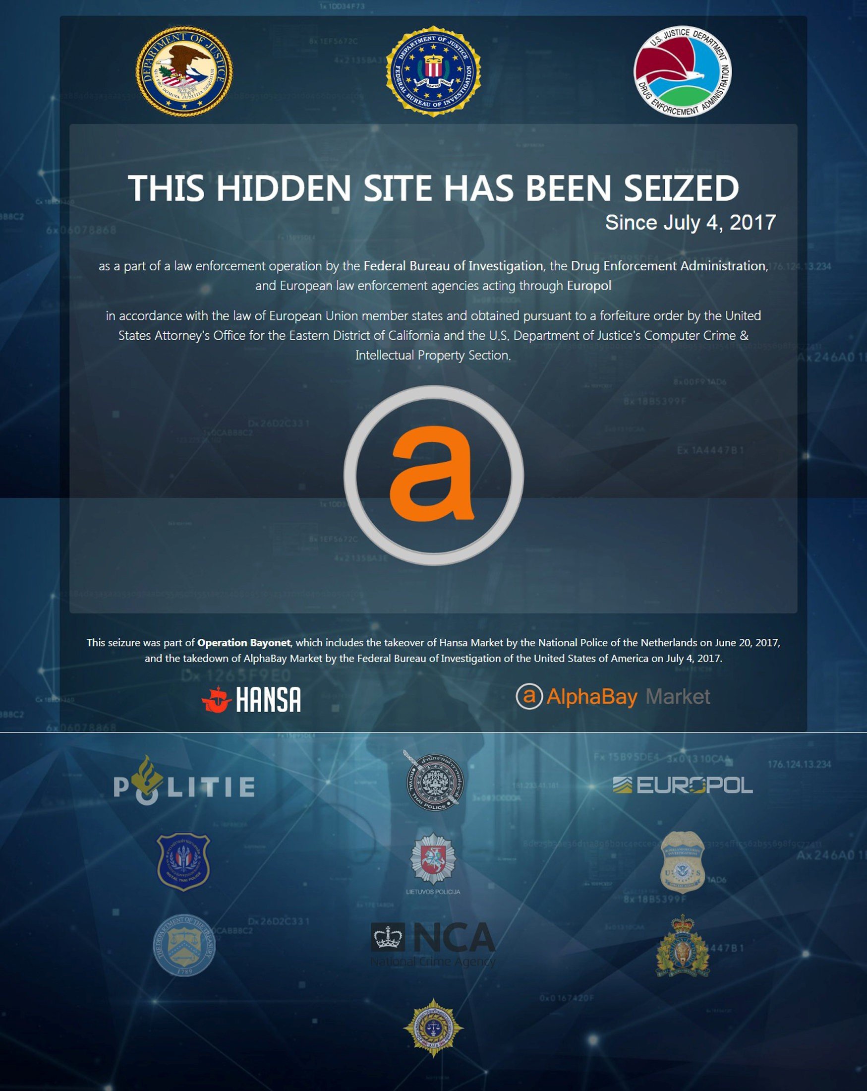 US Justice Department image shows a web screen after it had shut down the dark web marketplace AlphaBay, the site accused of allowing hundreds of thousands of people to buy and sell drugs, firearms, computer hacking tools and other illicit goods. Photo: Reuters