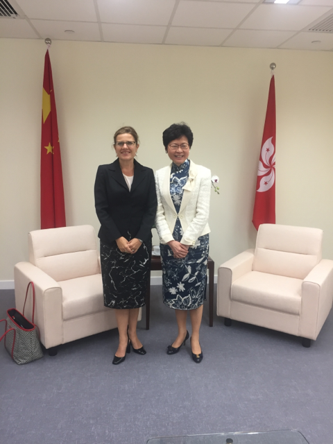 Michaela Browning with Carrie Lam. Photo: Handout