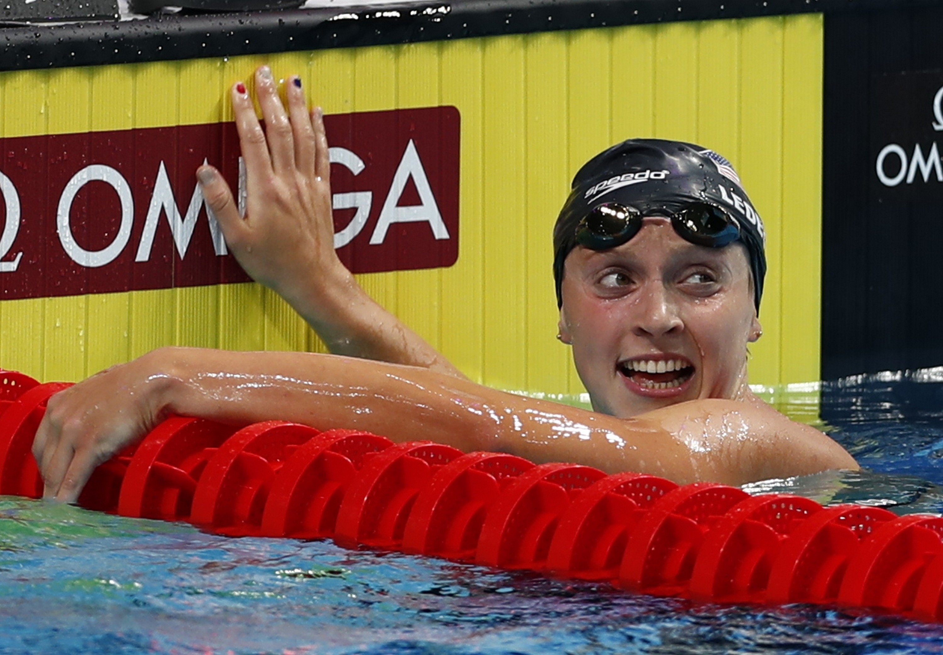 Katie Ledecky of the United States reacts after the winning the 1,500-metre freestyle. Photo: Xinhua