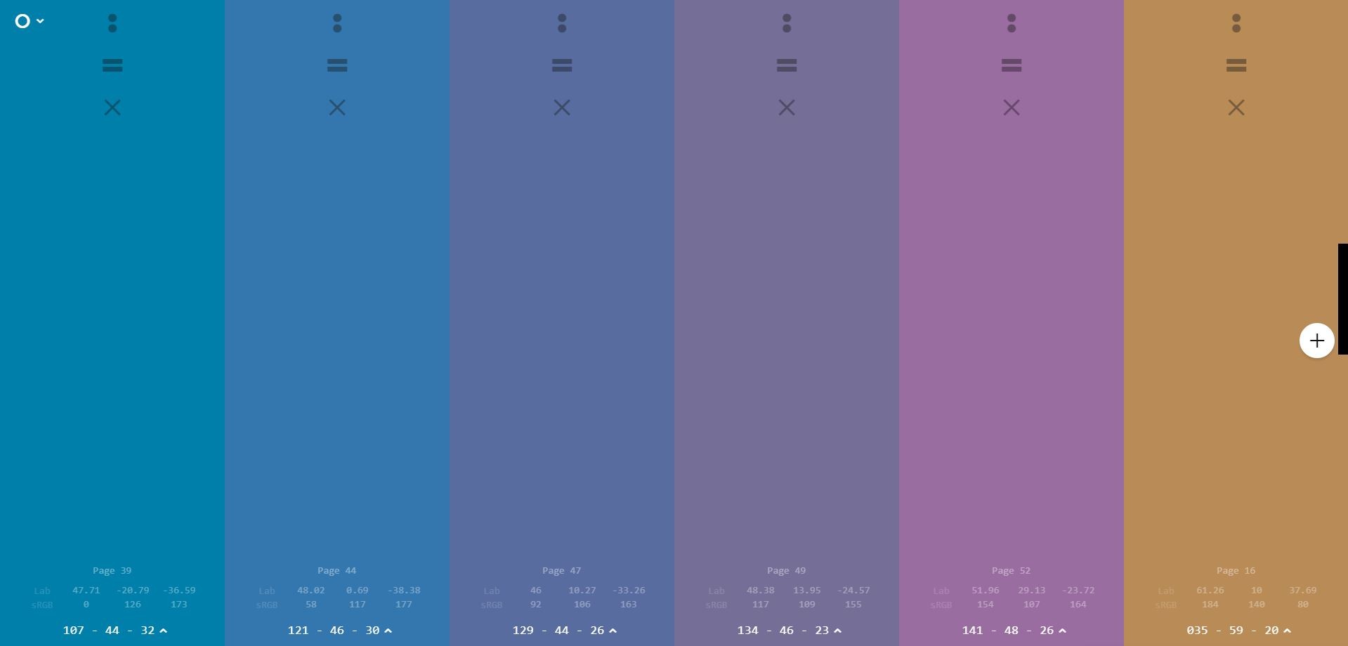 Screenshot of Coloro Workspace colour palette
