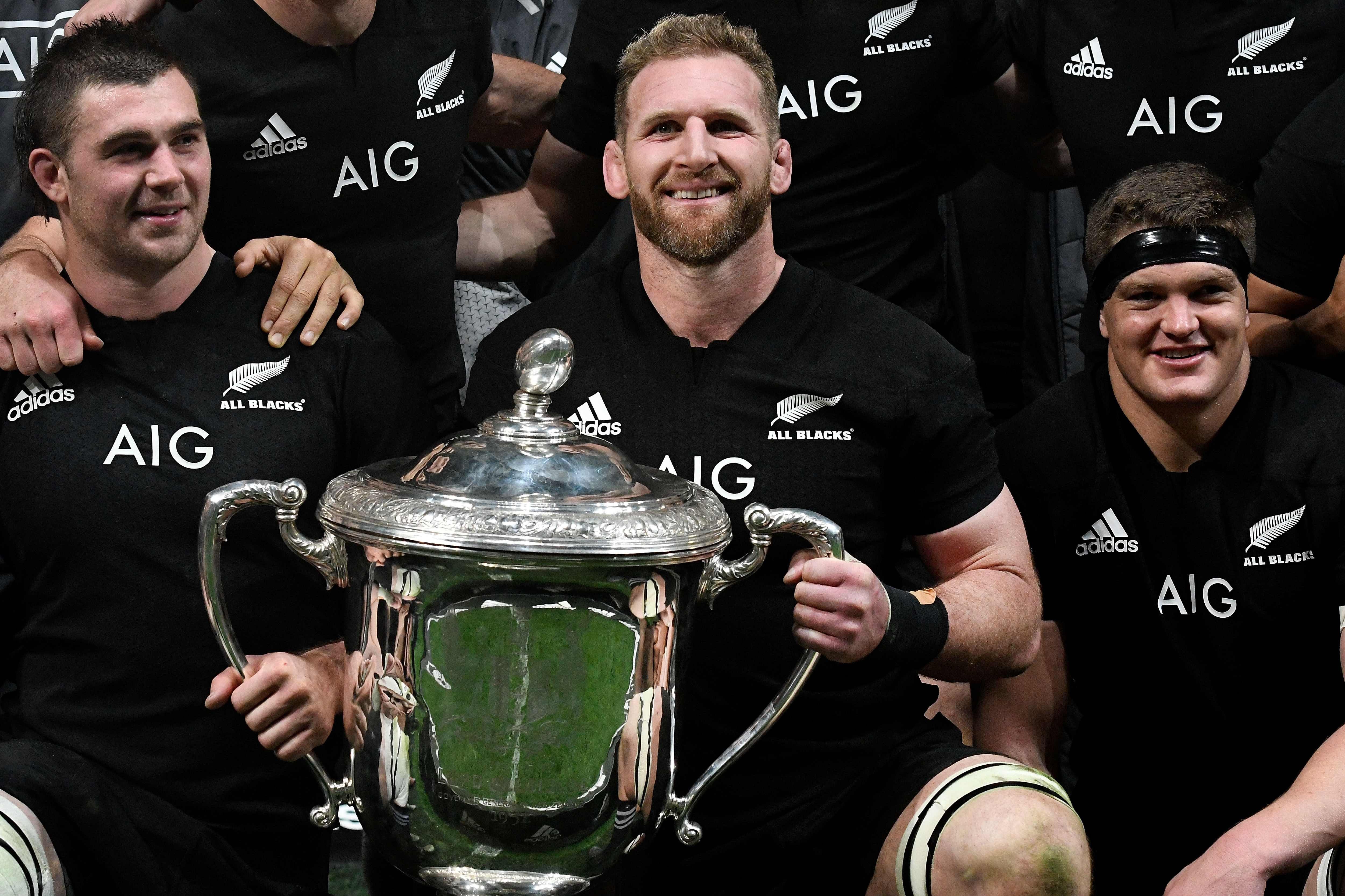 New Zealand captain Kieran Read with the Bledisloe Cup after his side’s thrilling victory over the Wallabies. Photos: AFP