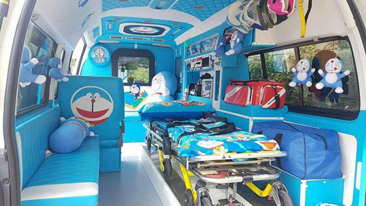 The Doraemon-themed interior of Nirand Leesuwan's ambulance in Sri Racha. Photo: @PeawYeangTai.Sriracha Facebook account