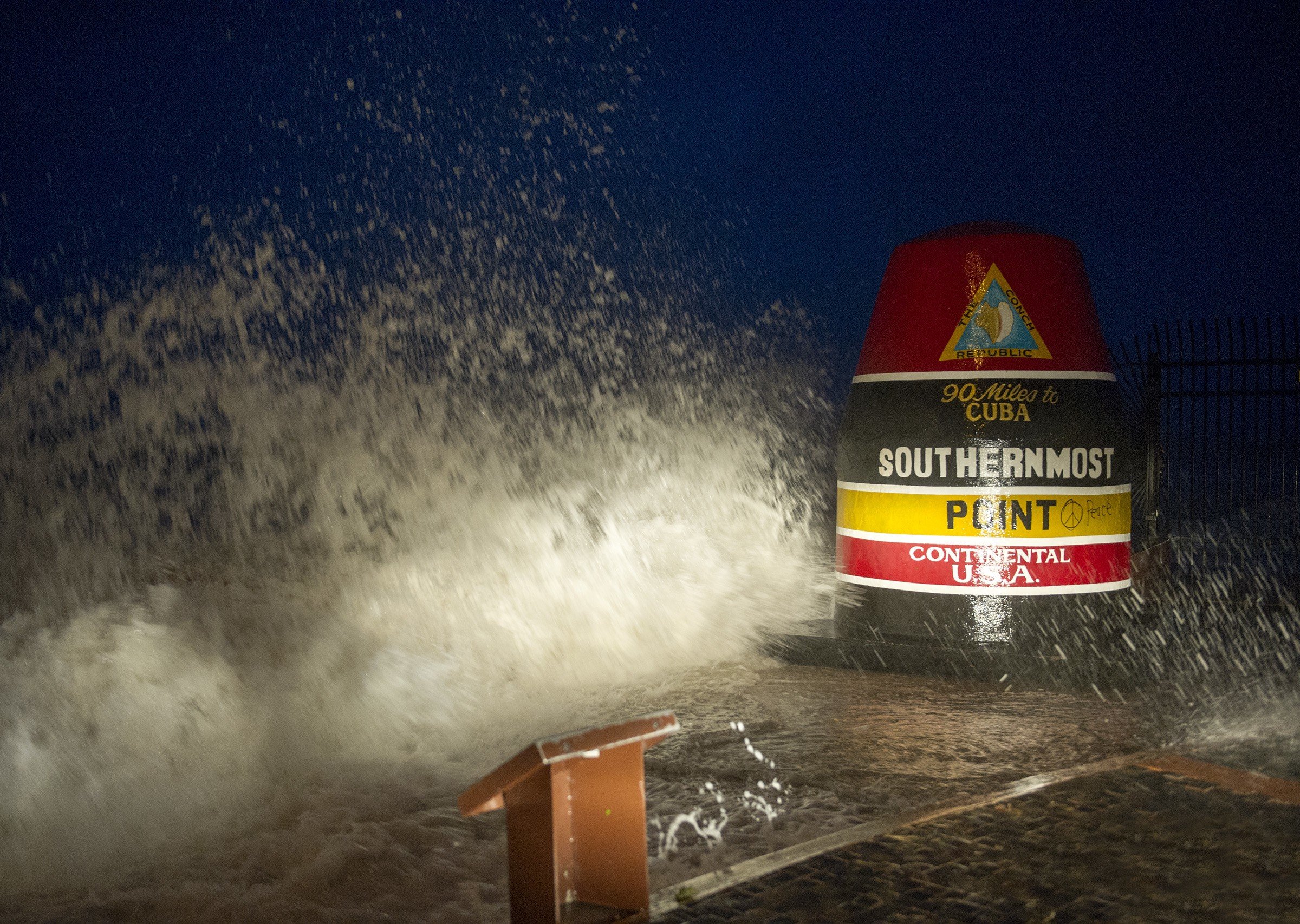 Waves smash against the southernmost point Florida as Hurricane Irma makes landfall. Photo: AP