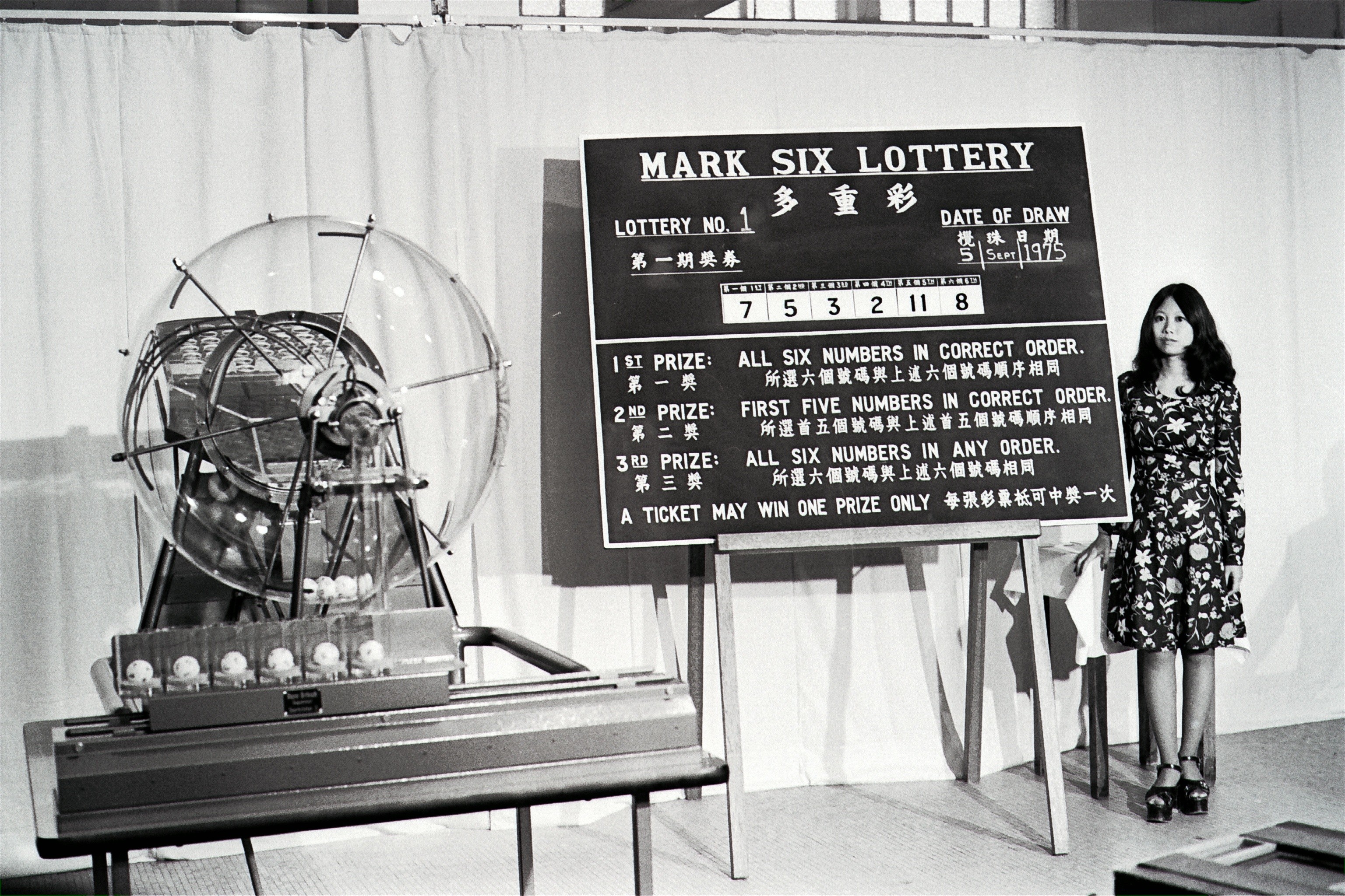 The first draw of the Mark Six lottery at the Royal Hong Kong Jockey Club on September 5, 1975. Picture: SCMP