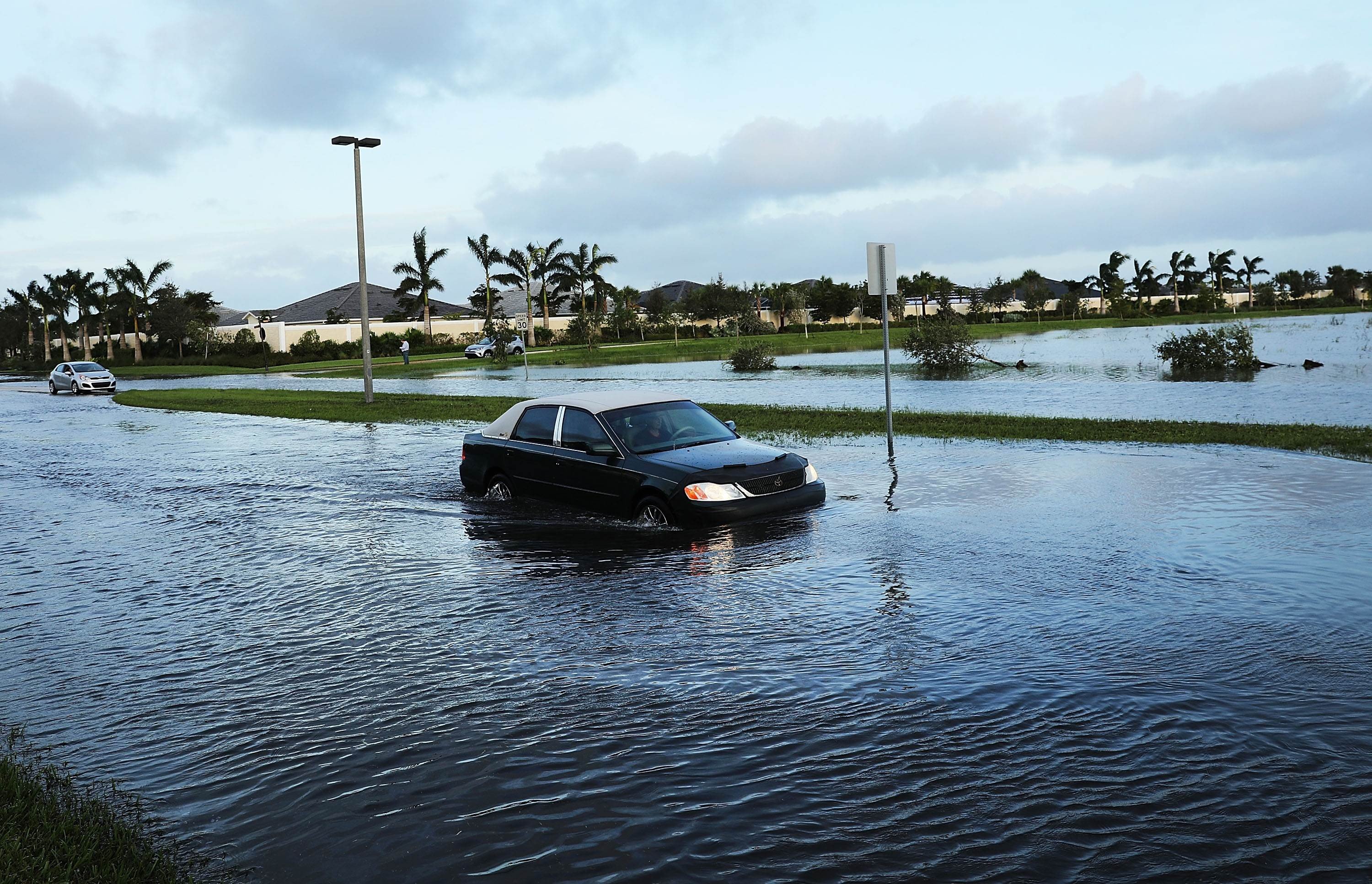 Cars make their away through a flooded street the morning after Hurricane Irma swept through Florida. Photo: AFP