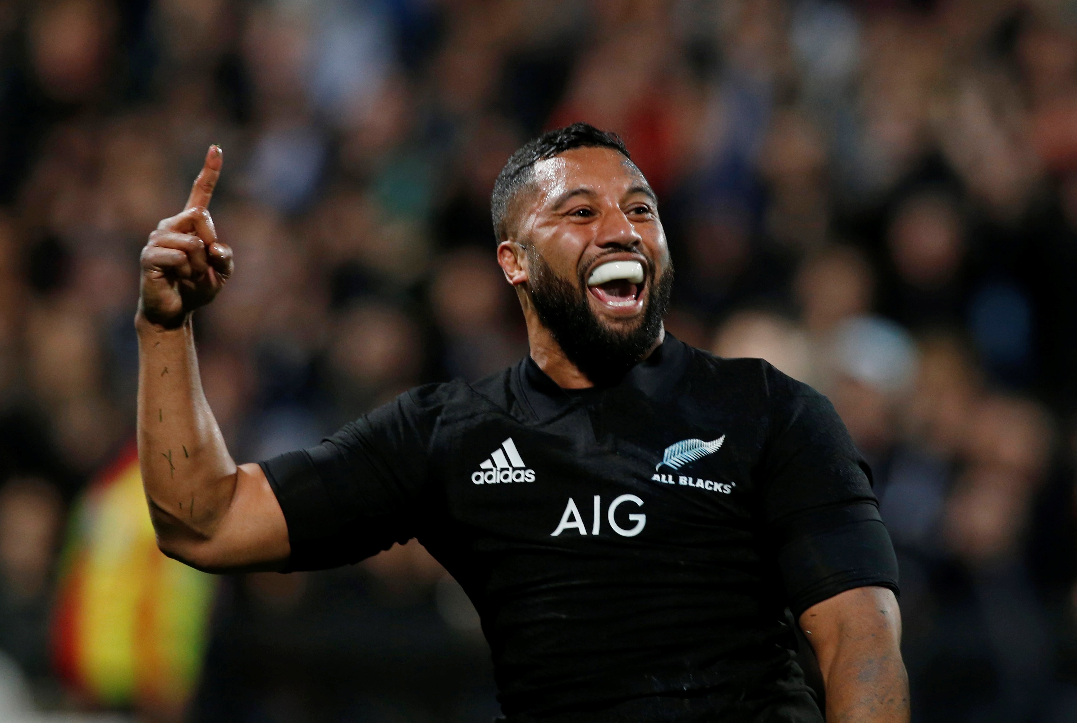 New Zealand’s Lima Sopoaga celebrates a try in his side’s 57-0 romp. Photo: Reuters