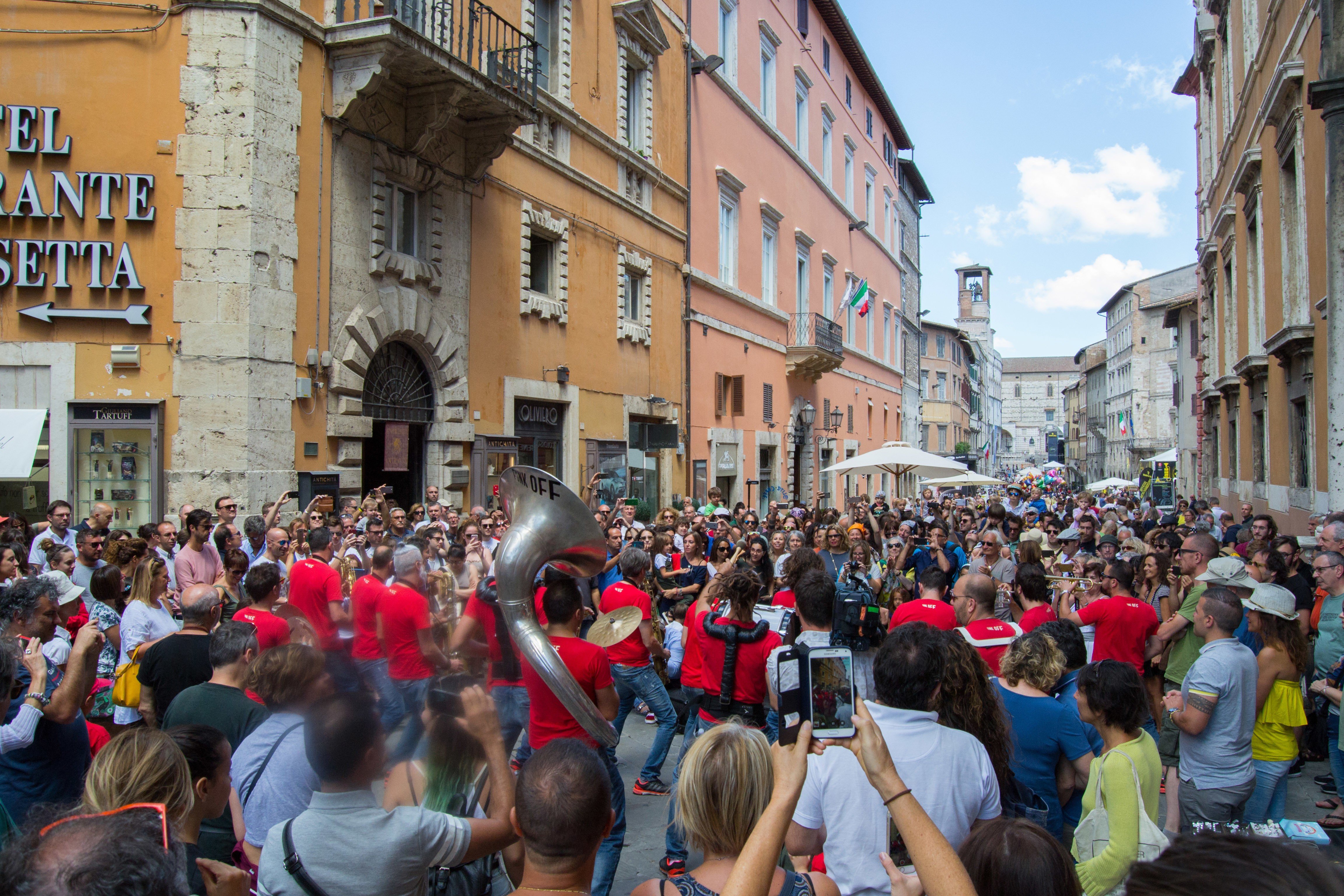 A roving brass band in the streets of Perugia in Umbria during the jazz festival. Photo: AP