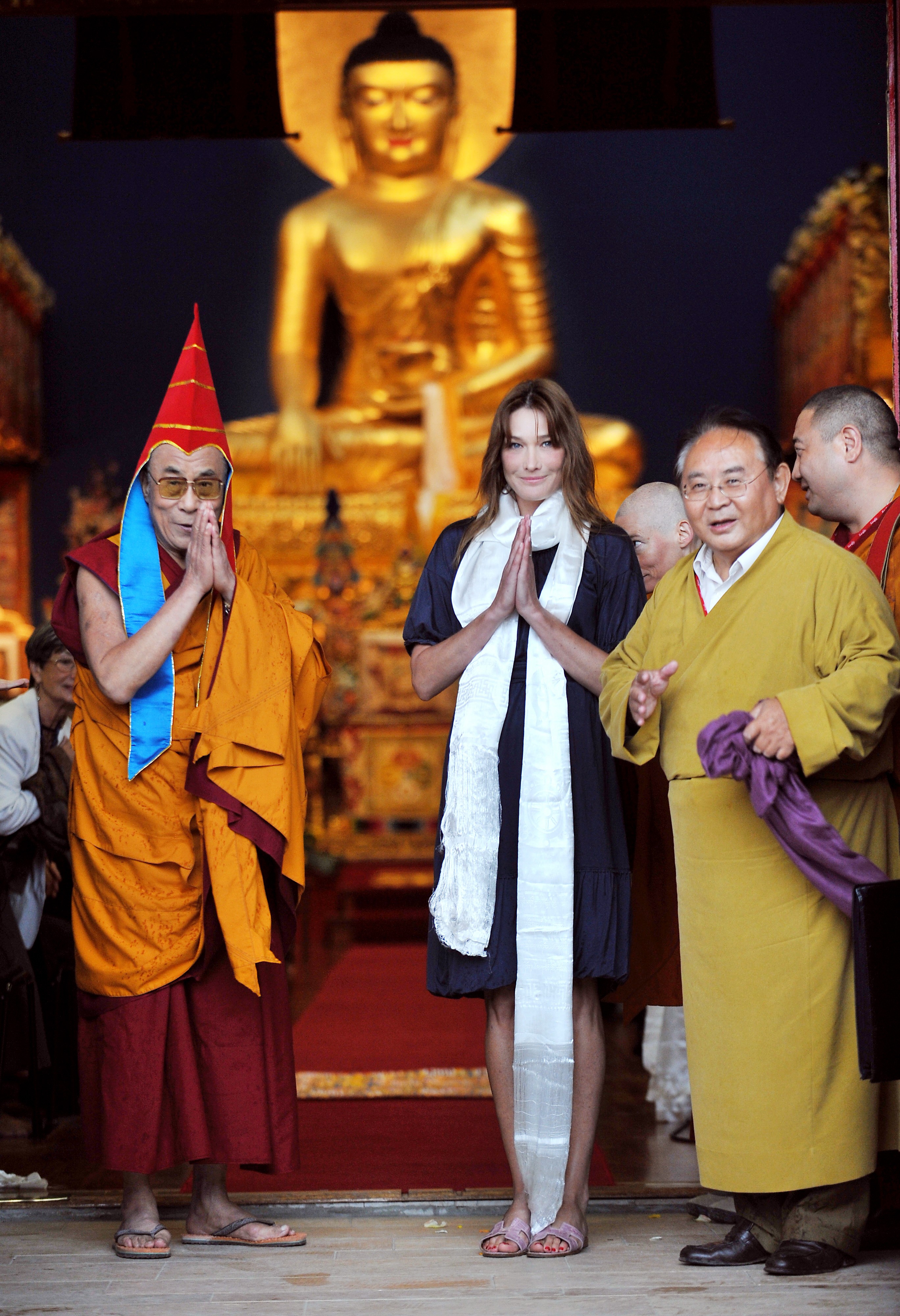 Sogyal Rinpoche (right), the Dalai Lama (left) and France’s then first lady Carla Bruni Sarkozy attend the inauguration of Lerab Ling, in southern France, on August 22, 2008. Picture: AFP