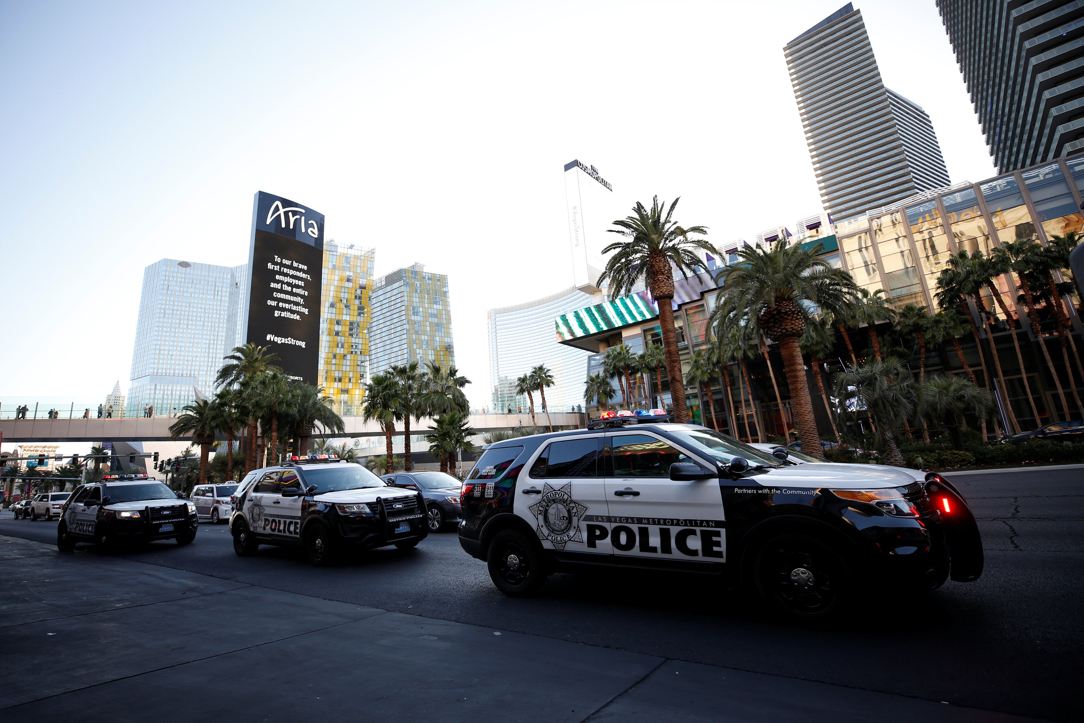 Police cars line Las Vegas Boulevard following the mass shooting. Photo: Reuters