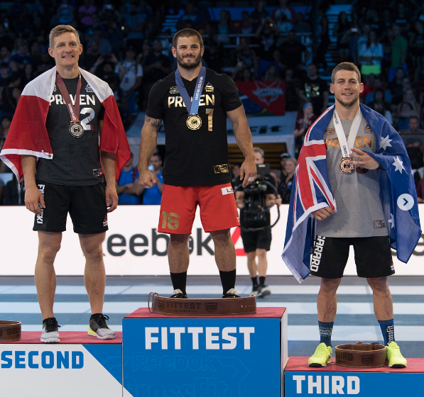 Ricky Garard (right) finished third to Mat Fraser (middle) and Brent Fikowski at the CrossFit Games. Garard tested positive, but claims that others are cheating as well. Photo: CrossFit Games Instagram 