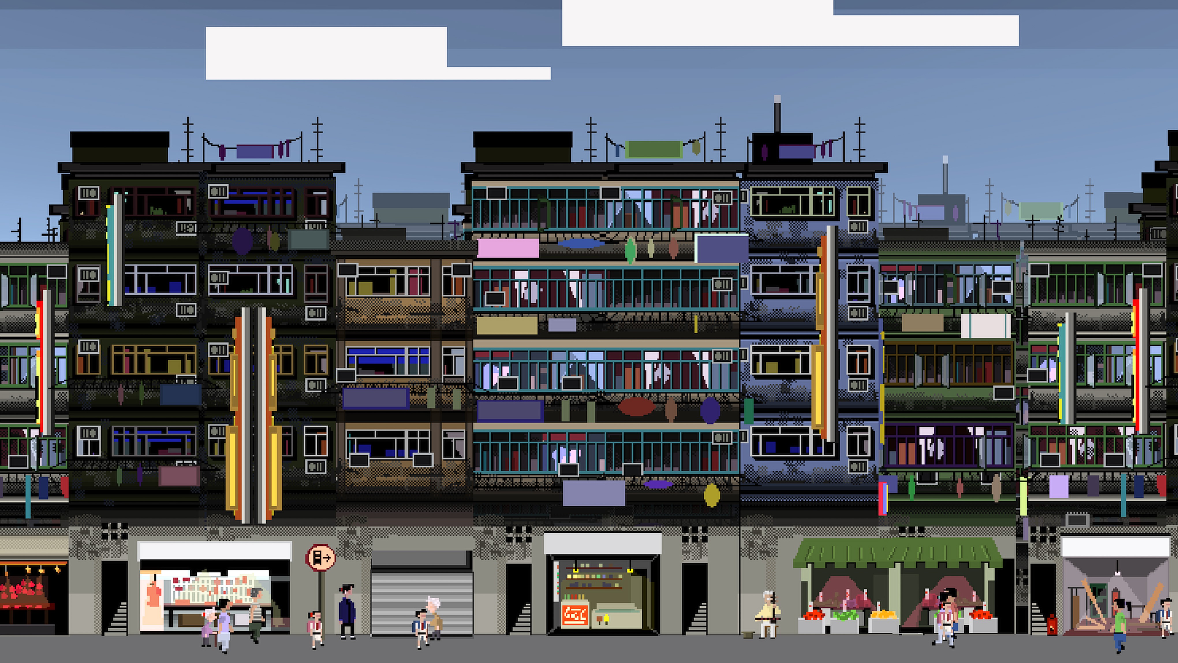 The pixel art in Oblige (available on PC) depicts a retro Hong Kong of low-rise buildings and grimy back alleys.