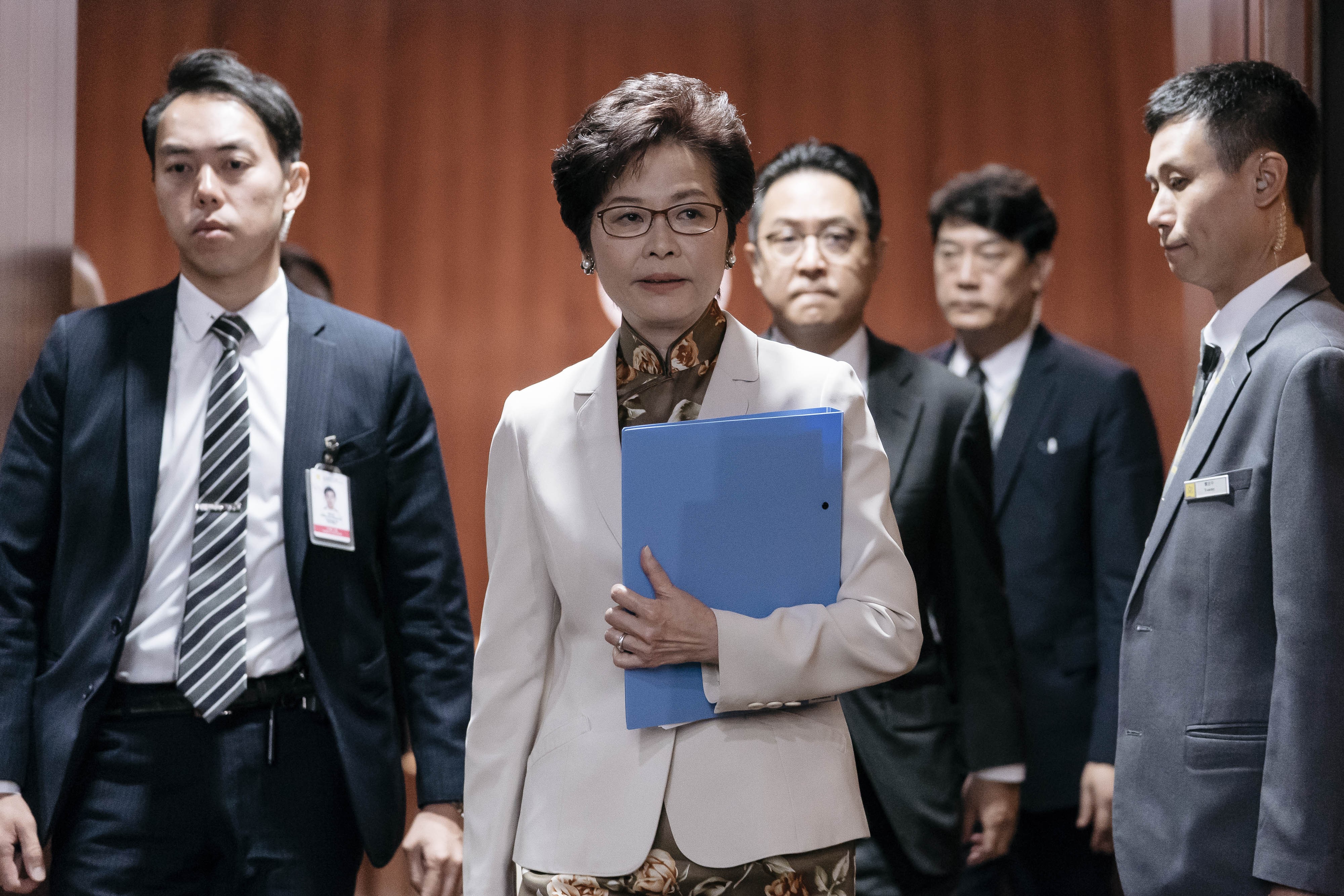 Hong Kong Chief Executive Carrie Lam leaves the Legislative Council chamber after delivering her policy address on October 11. Photo: Bloomberg