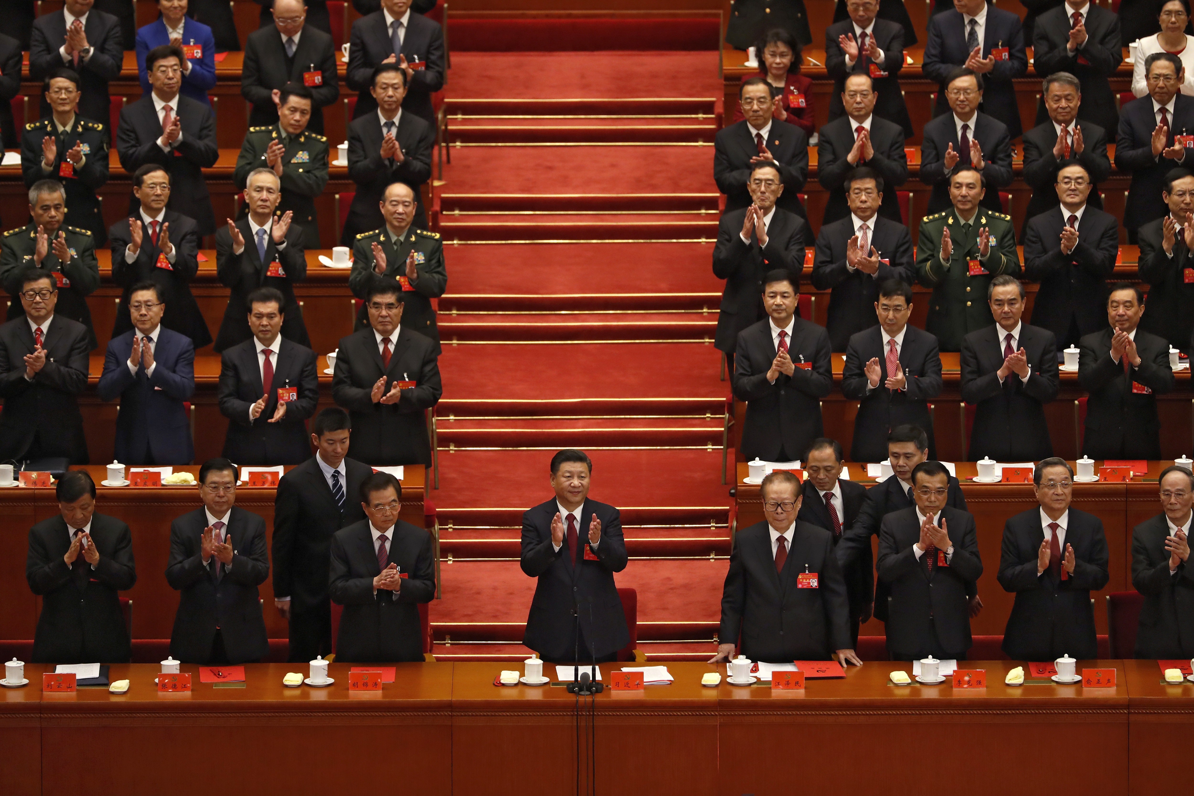 Chinese President Xi Jinping, front row centre, at the closing ceremony for the 19th Party congress at the Great Hall of the People in Beijing on Tuesday. Photo: AP