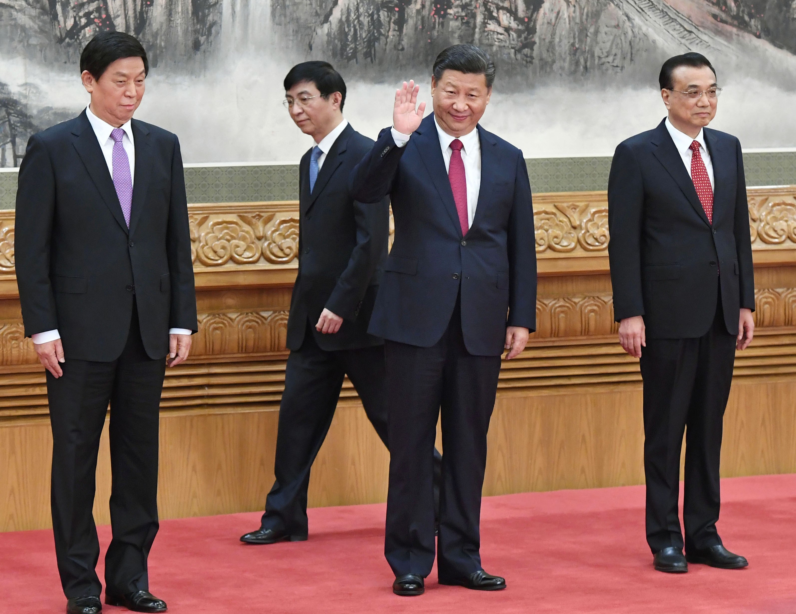 President Xi Jinping (second from right) with members of his new leadership team including Premier Li Keqiang (right), Li Zhanshu (left) and Wang Huning in Beijing on Wednesday. Photo: Kyodo