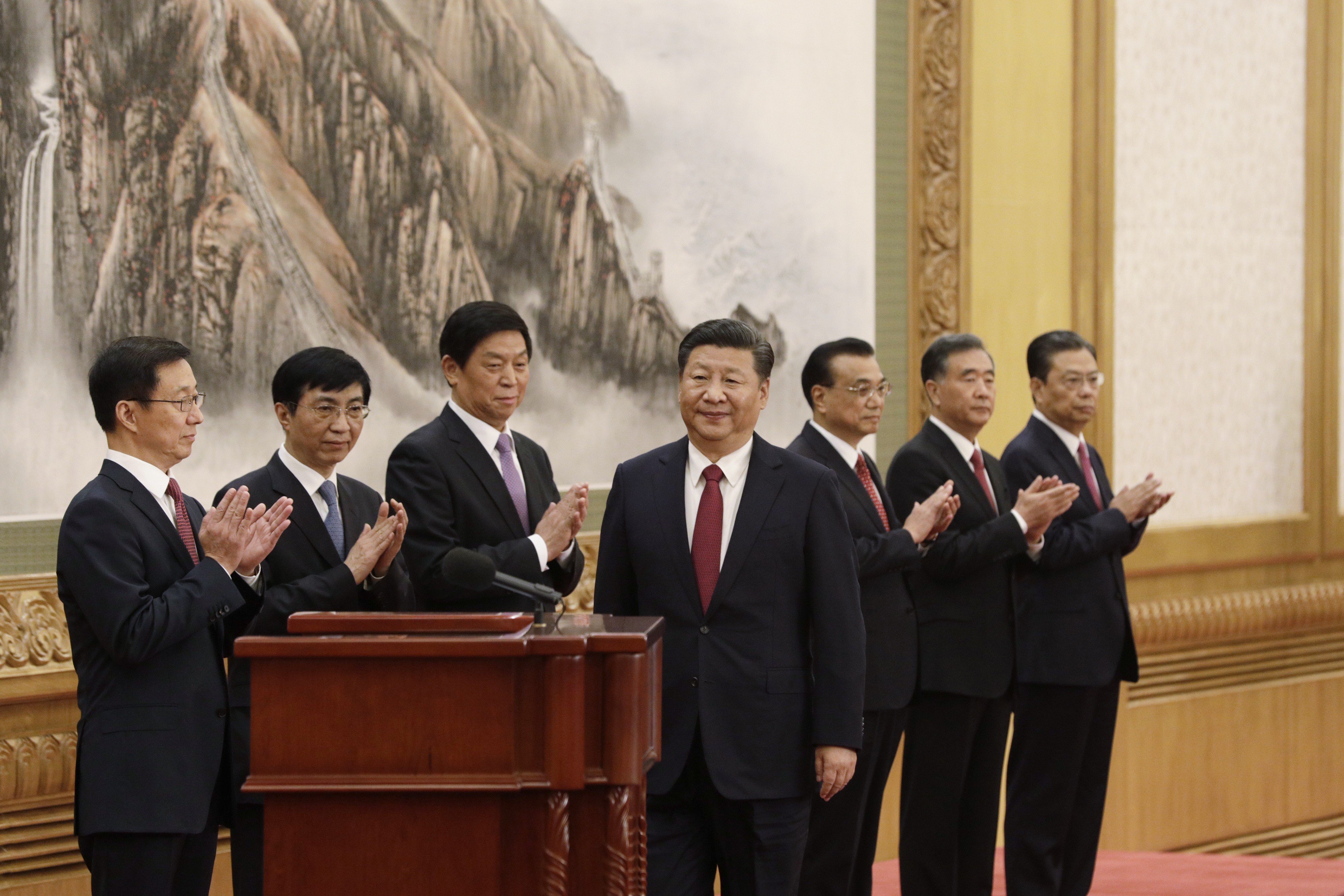 President Xi Jinping (centre) and his all-men Politburo Standing Committee (from left): Han Zheng, Wang Huning, Li Zhanshu, Li Keqiang, Wang Yang and Zhao Leji. Photo: Bloomberg