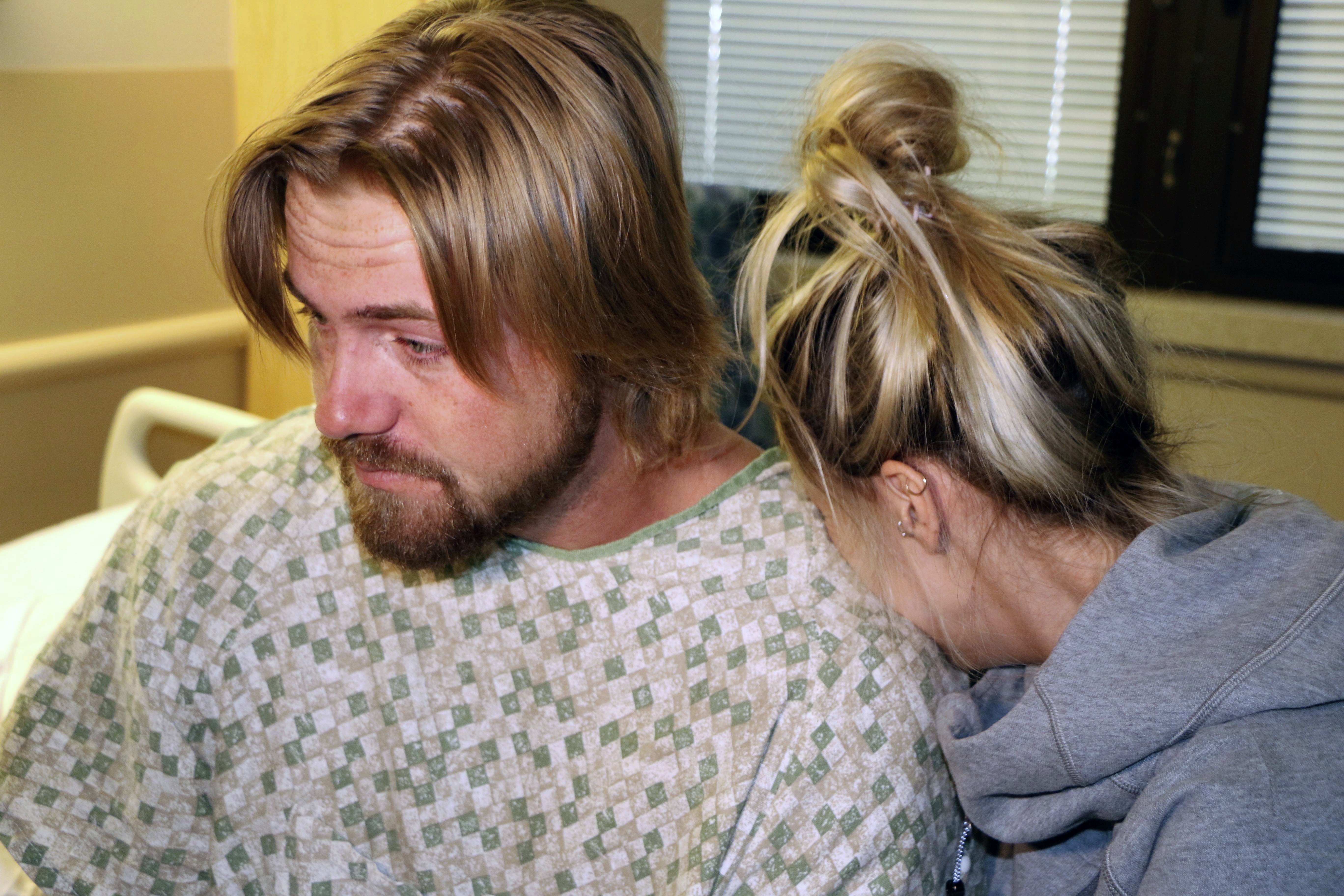 Braden Matejka and his girlfriend Amanda Homulos at the Sunrise Hospital in Las Vegas. Photo: AP