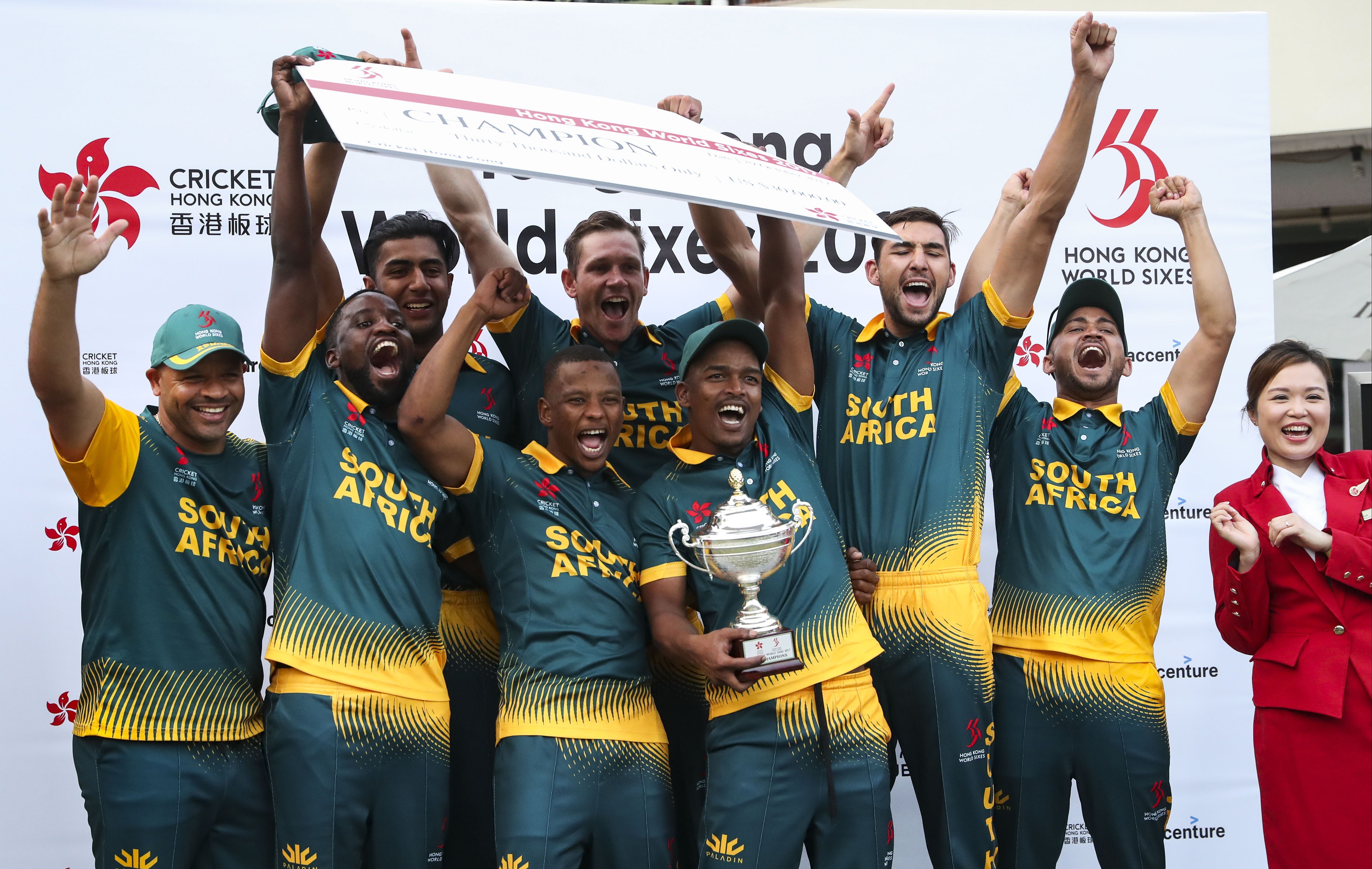 South Africa celebrate winning the Cup at the Hong Kong World Sixes 2017 held at the Kowloon Cricket Club. Photos: K.Y. Cheng