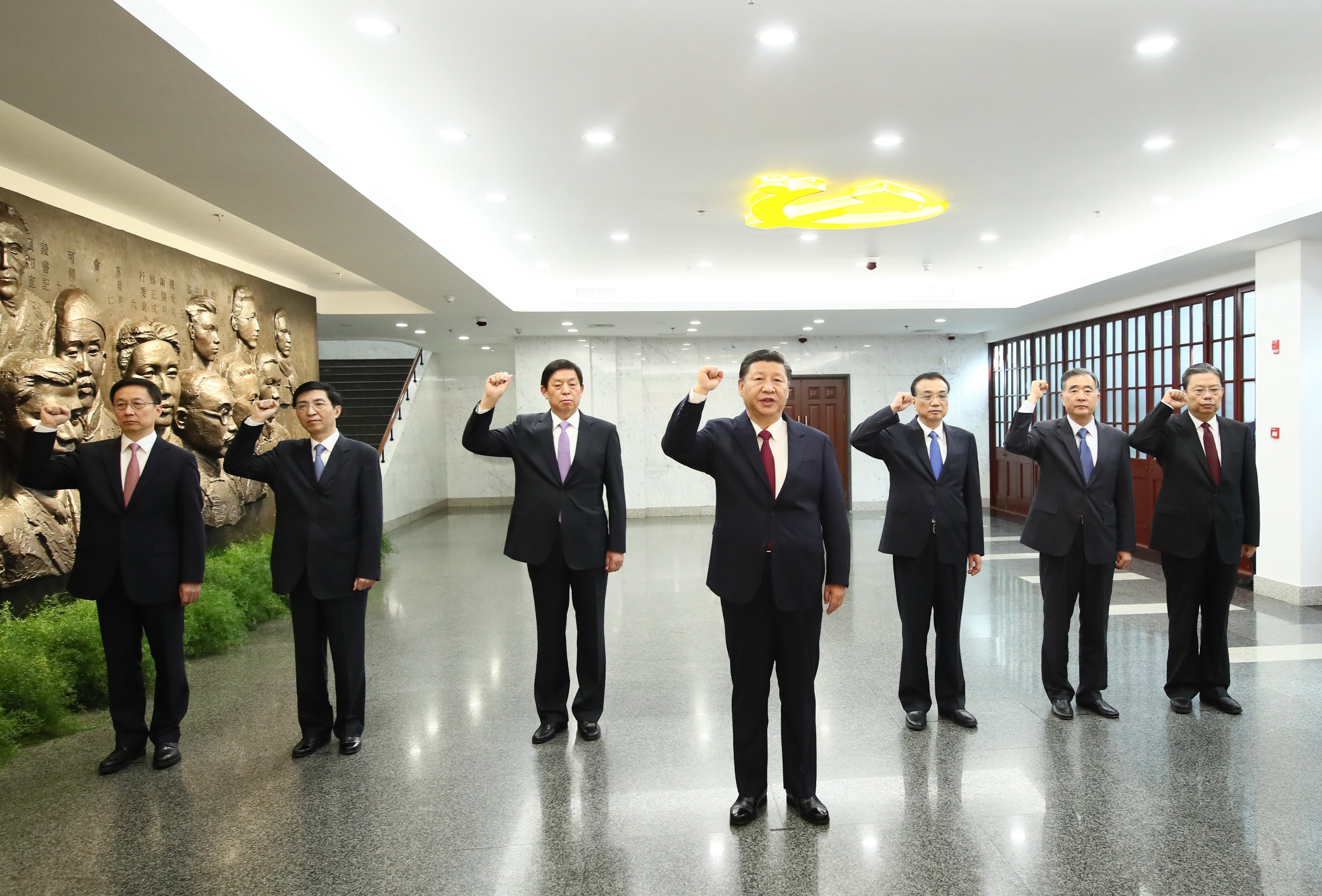 President Xi Jinping (centre) and his colleagues from the Politburo Standing Committee visit a memorial site where the Communist Party held its first national congress more than 96 years ago. Photo: Xinhua