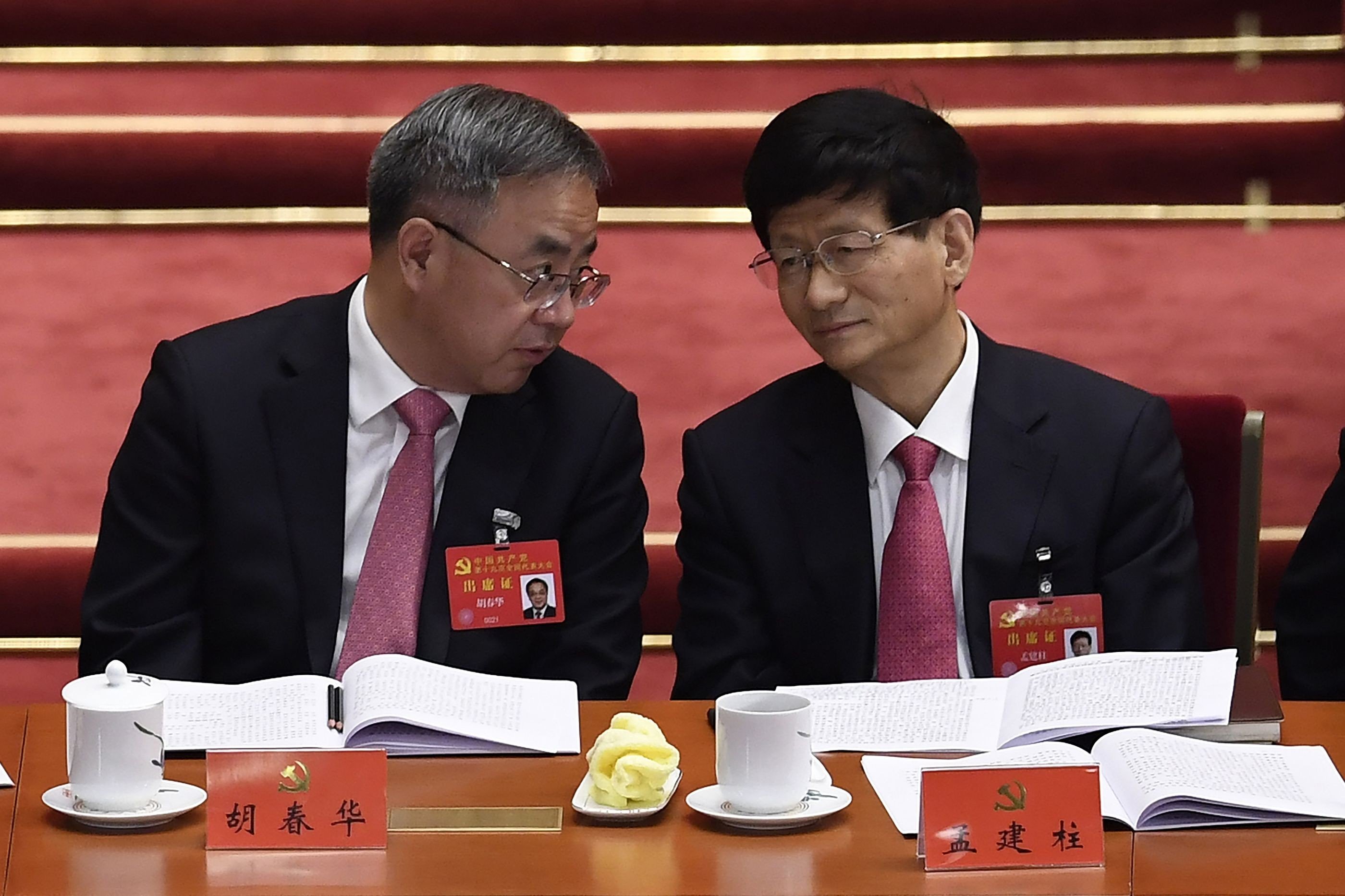 Politburo members Hu Chunhua (left) Meng Jianzhu confer during the Communist Party’s national congress last month. Grey hair is making a comeback among some of the senior ranks of power Photo: AFP