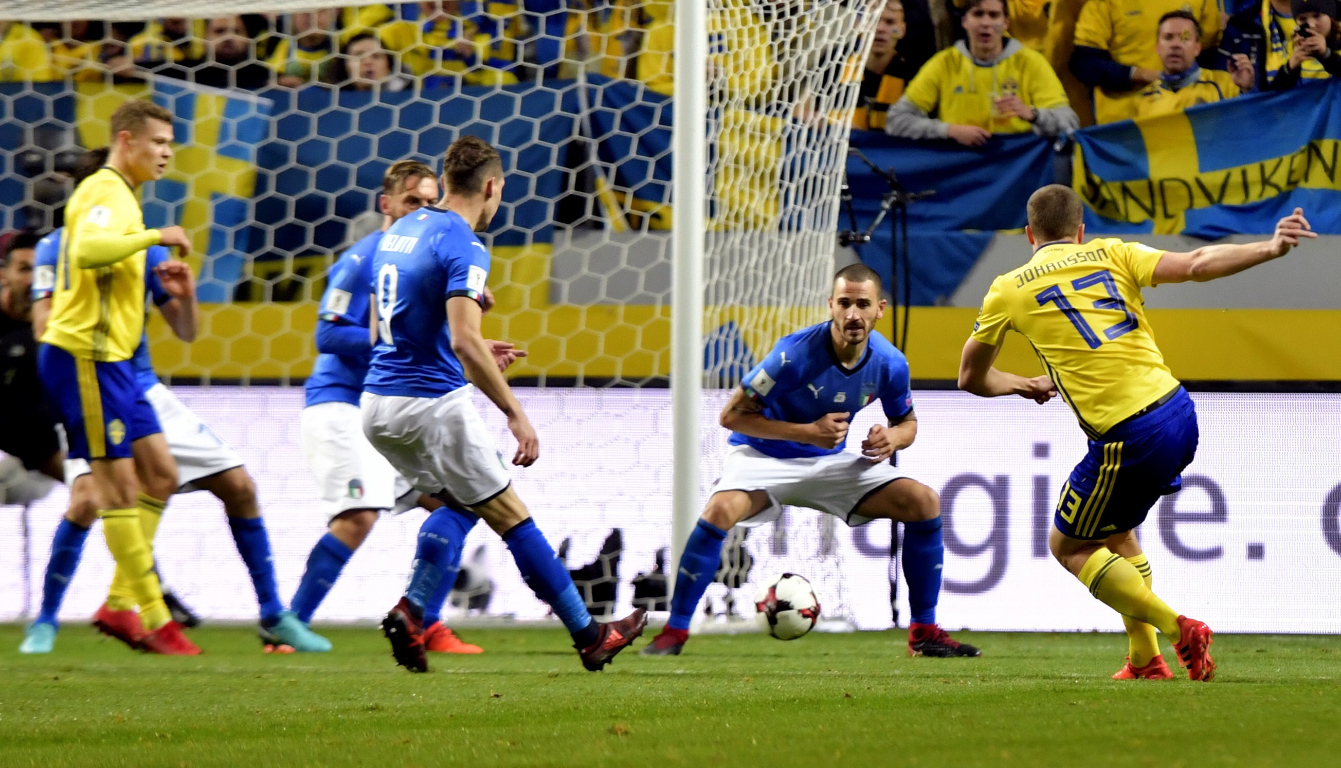 Sweden substitute Jakob Johansson scores the only goal of the match during the World Cup qualifying play-off first leg match against Italy in Stockholm. Photo: AP