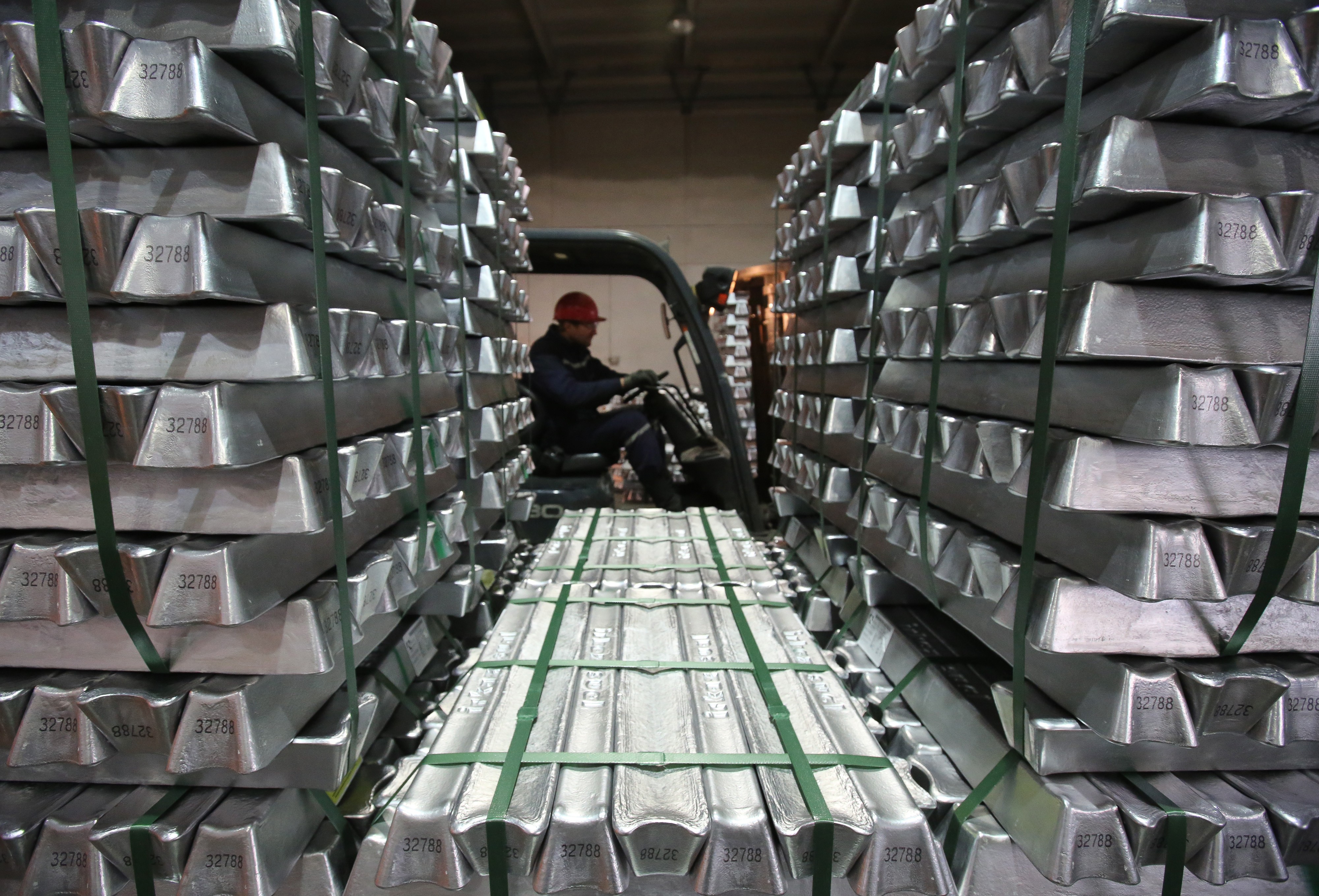 Aluminium ingots at a smelting plant operated by Rusal in Shelekhov, Russia. The company is listed in Moscow and Hong Kong. Photo: Bloomberg