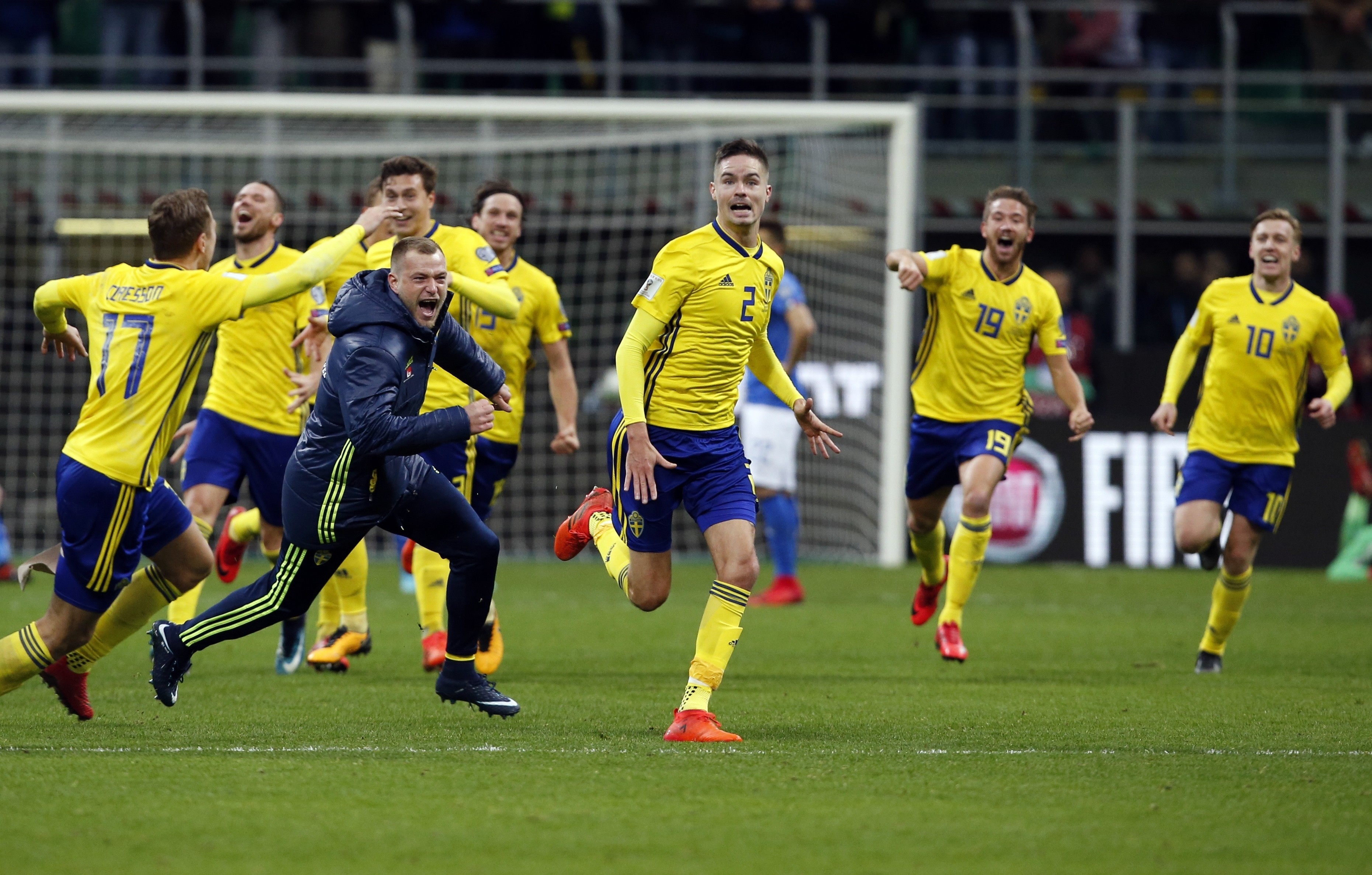 Sweden players celebrate at the end of the World Cup qualifying play-off second leg match after they knocked the Italians out of the World Cup. Photo: AP