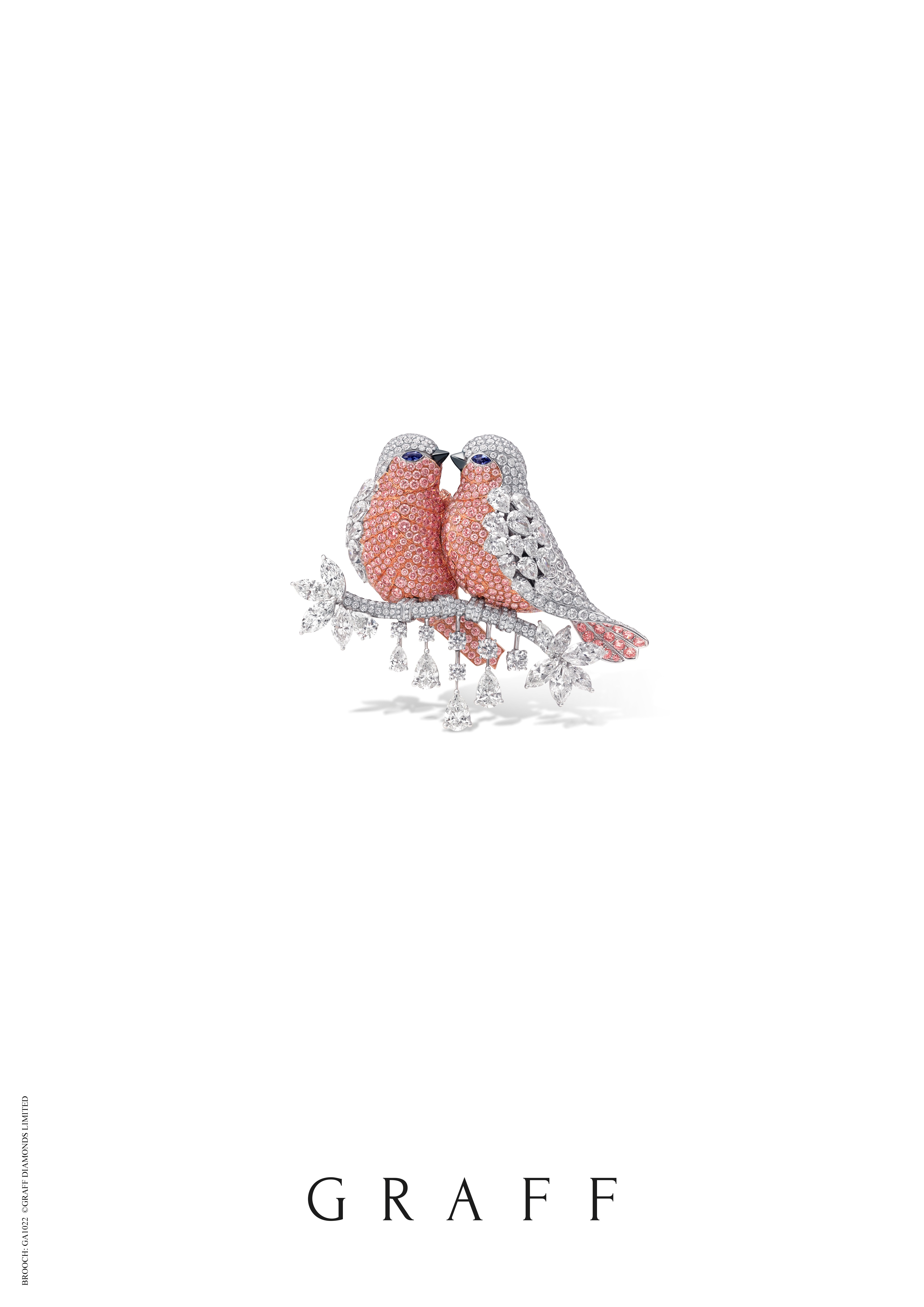Graff Diamonds’ new collection of figurative bird-themed brooches depicts lovebirds kissing.