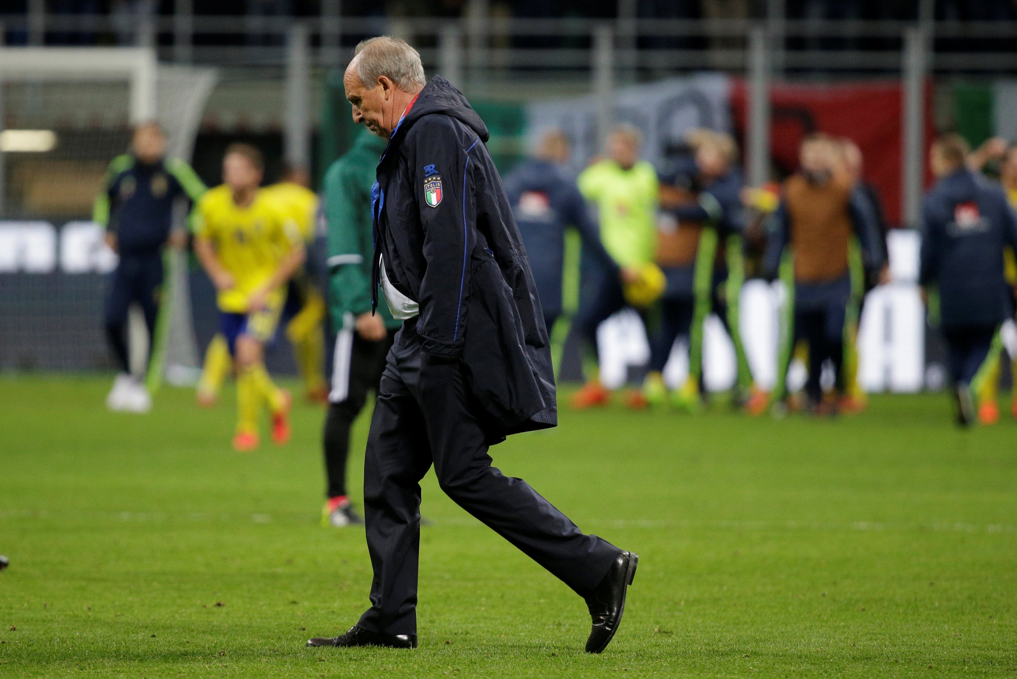 A disappointed Italy coach Gian Piero Ventura walks off the pitch after his team was knocked out of the 2018 World Cup. Ventura was dismissed on Wednesday as coach of the team. Photo: Reuters