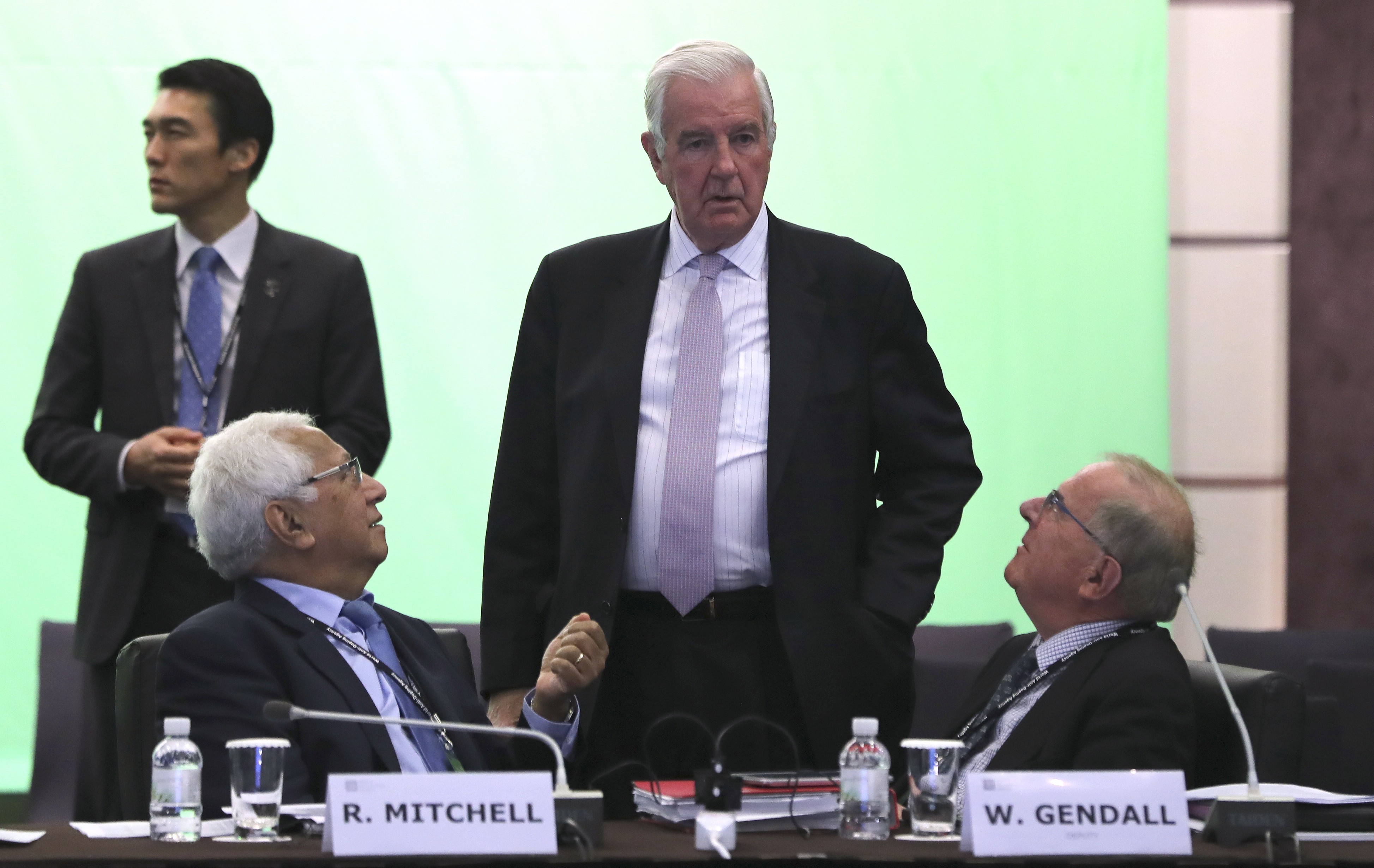 World Anti-Doping Agency (Wada) President Craig Reedie, centre, talks with IOC member Robin Mitchell (L) and Drug-Free Sport New Zealand Board Chair Warwick Gendall (R) before the start of Wada’s foundation board meeting in Seoul, South Korea, on Thursday, November 16, 2017. Photo: AP