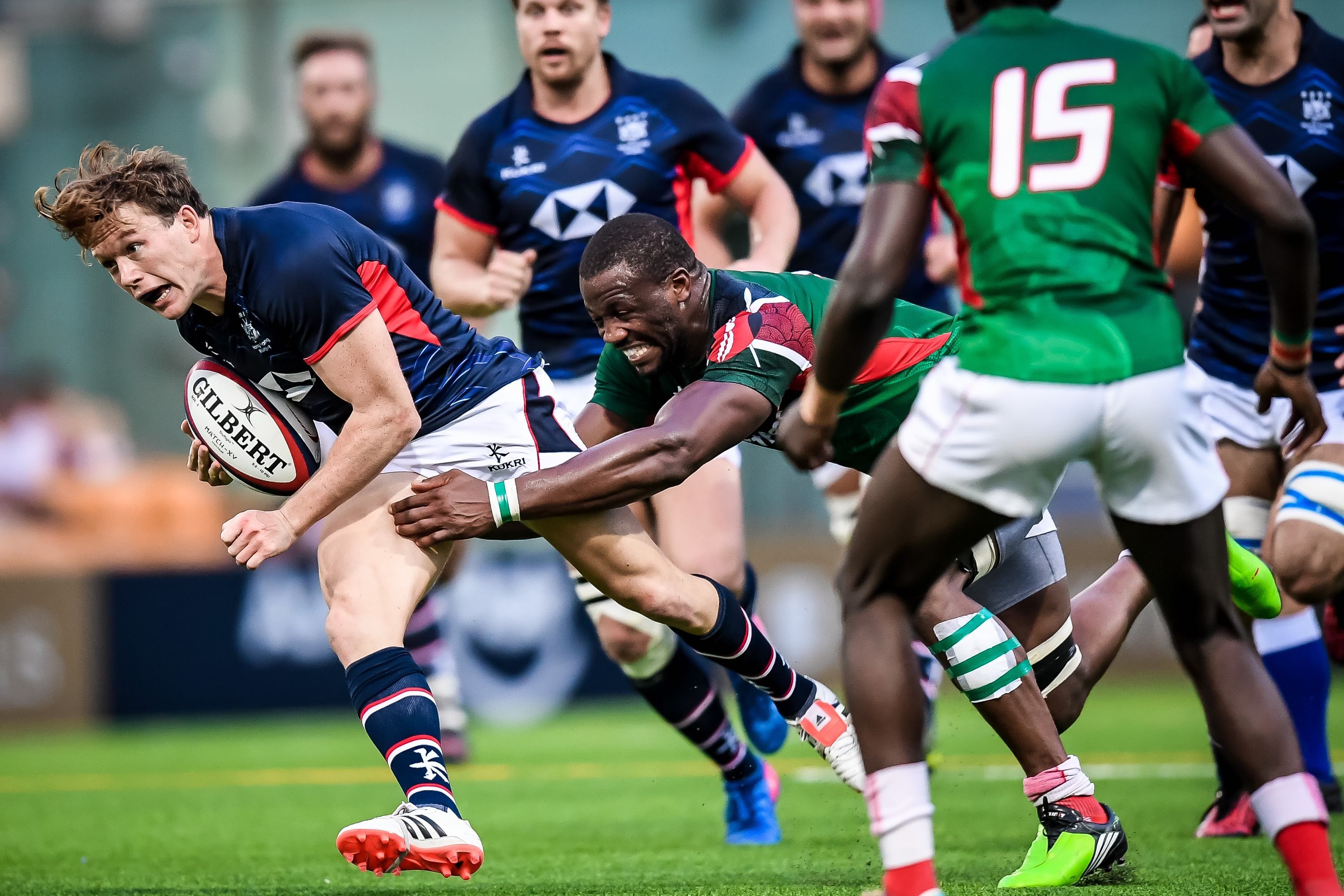 Jack Neville powers forward in his first Hong Kong test at fullback against Kenya. Photos: Ike Li / Ike Images